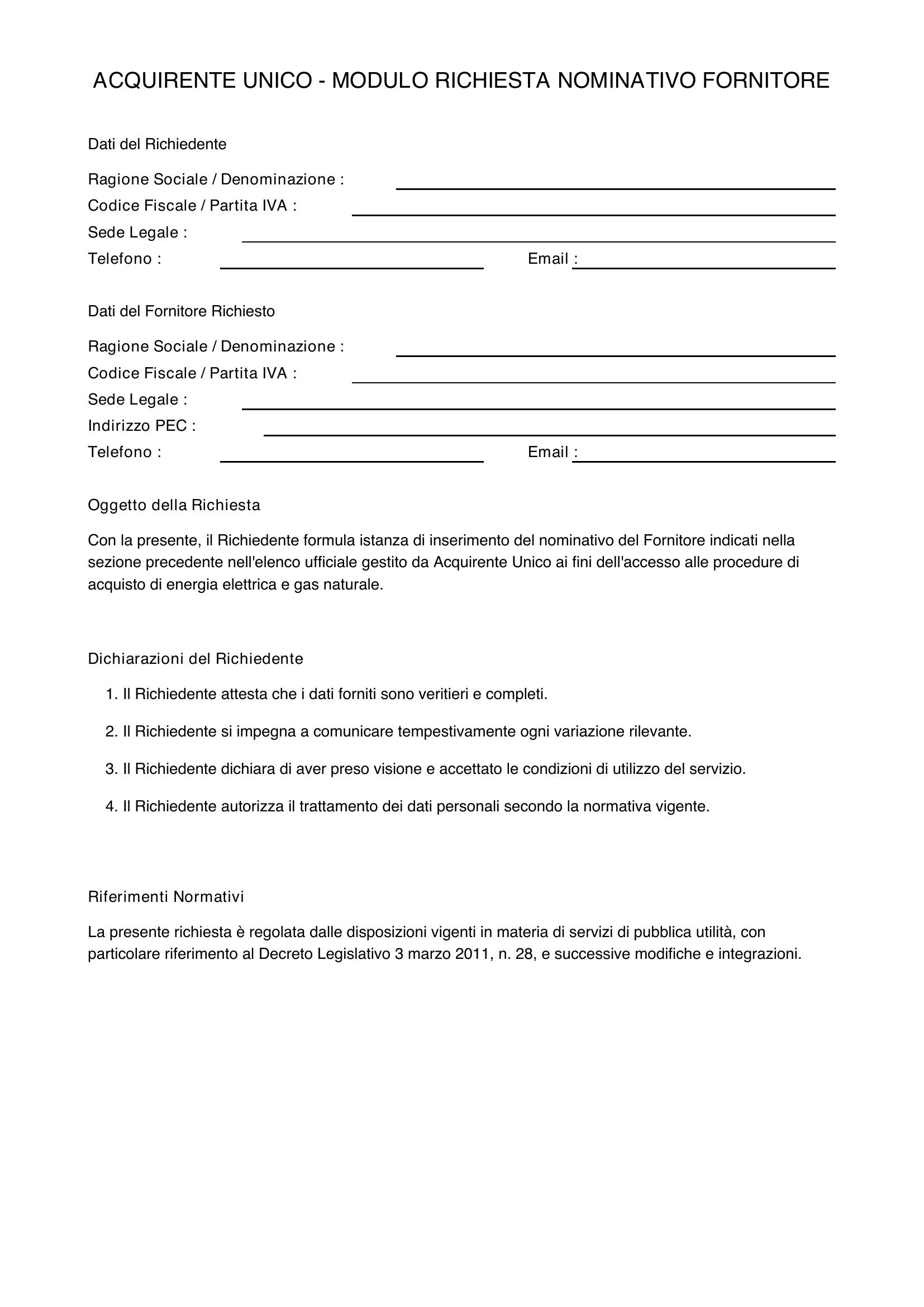 Acquirente Unico Modulo Richiesta Nominativo Fornitore