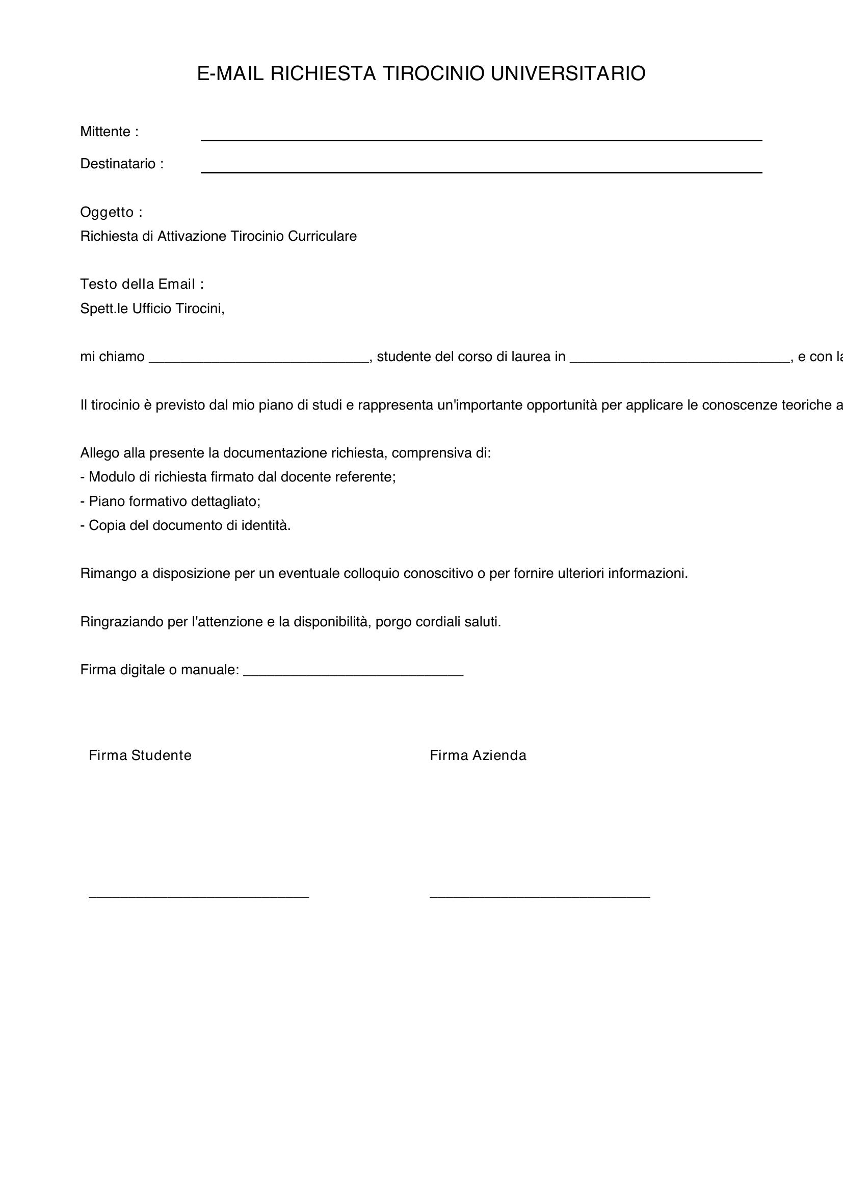 Esempio Email Richiesta Tirocinio Universitario