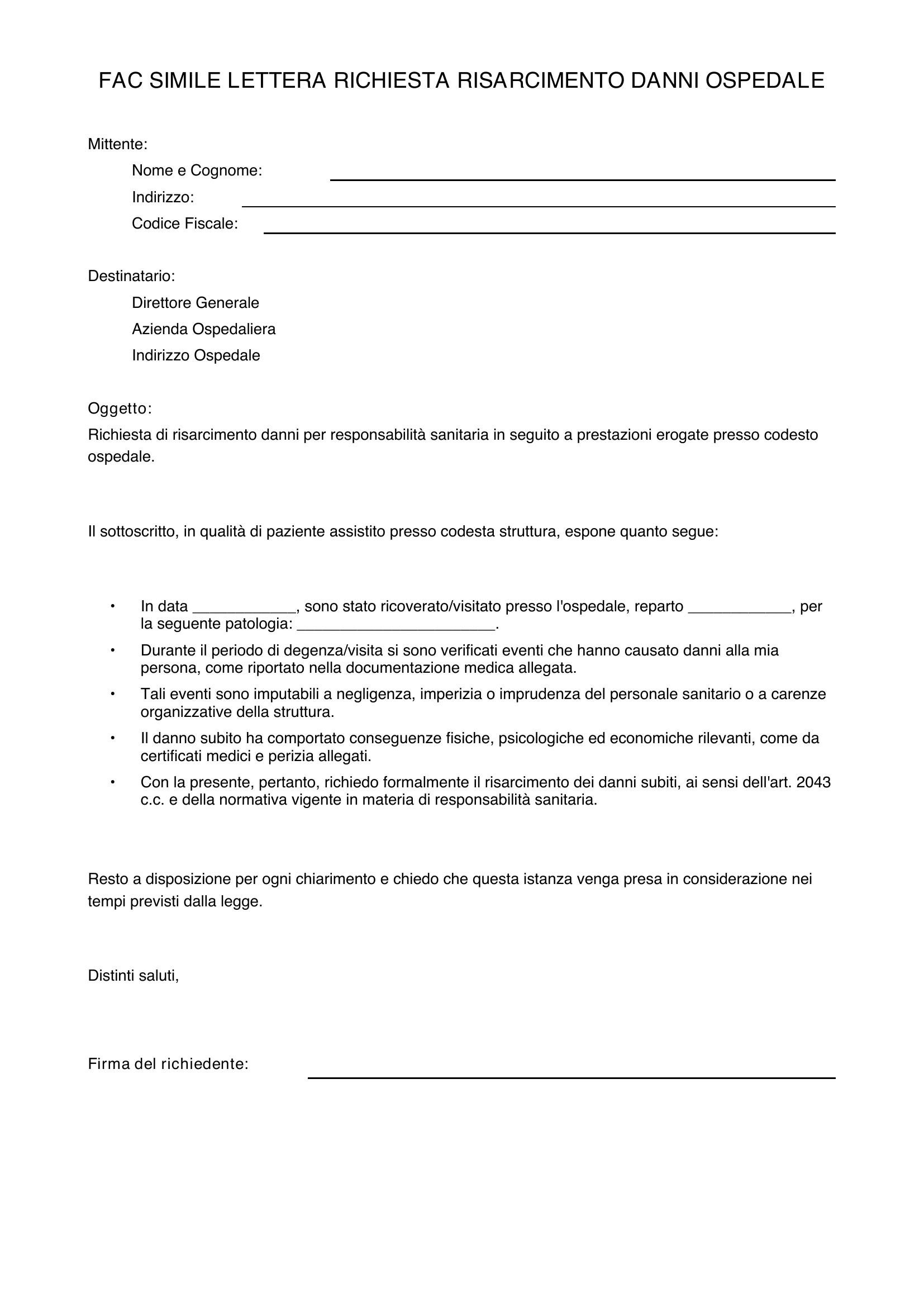 Fac Simile Lettera Richiesta Risarcimento Danni Ospedale