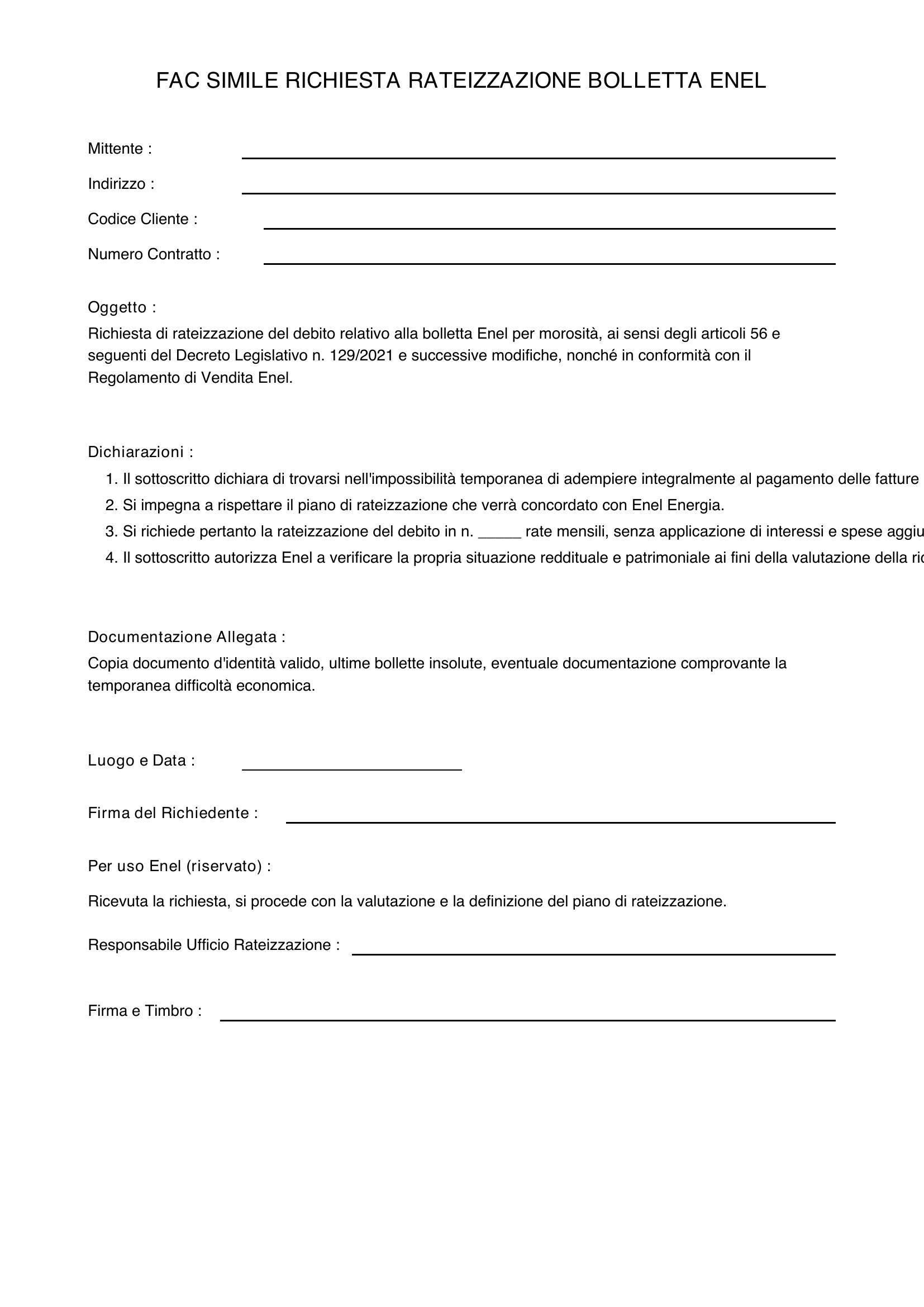 Fac Simile Richiesta Rateizzazione Bolletta Enel