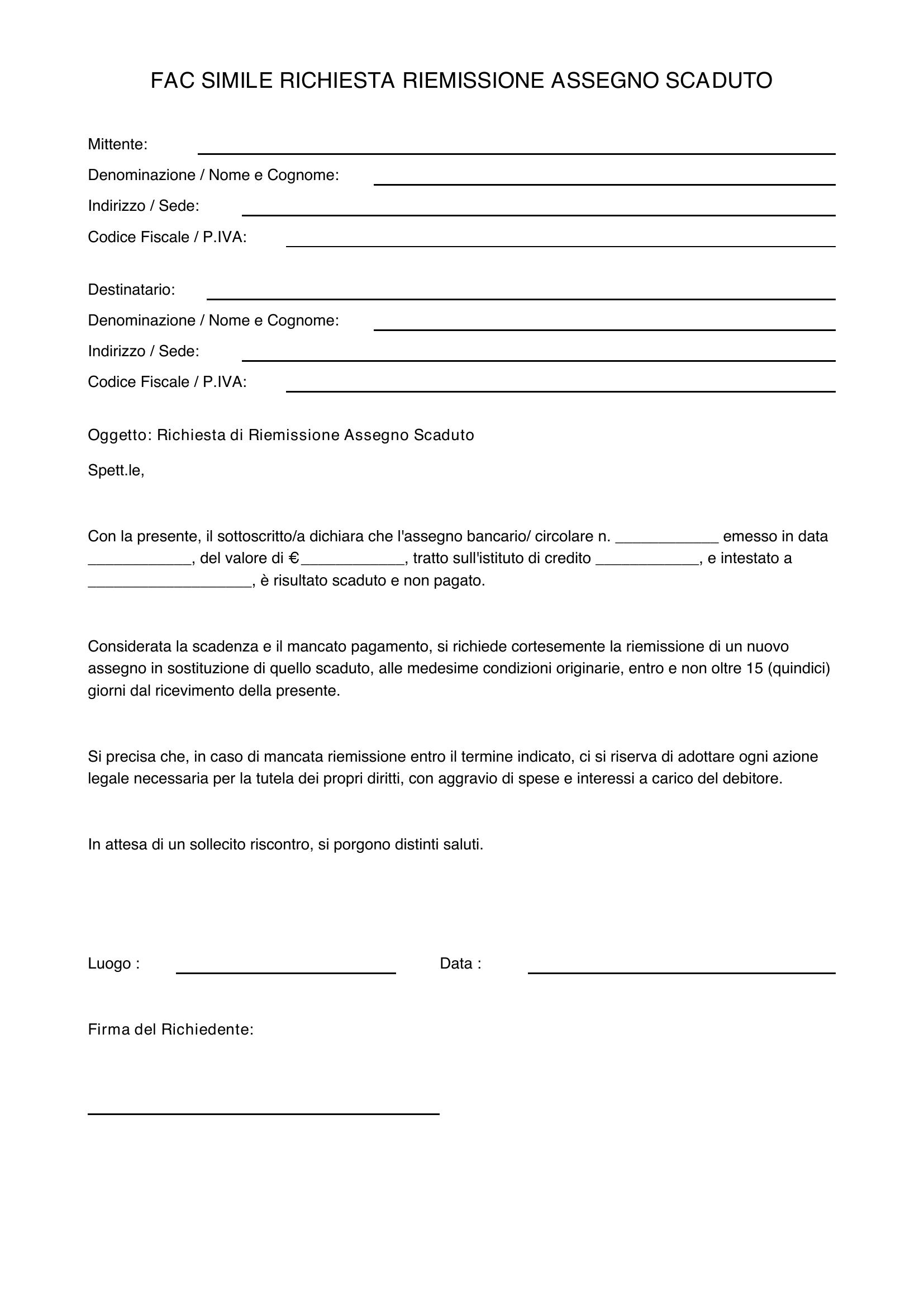 Fac Simile Richiesta Riemissione Assegno Scaduto