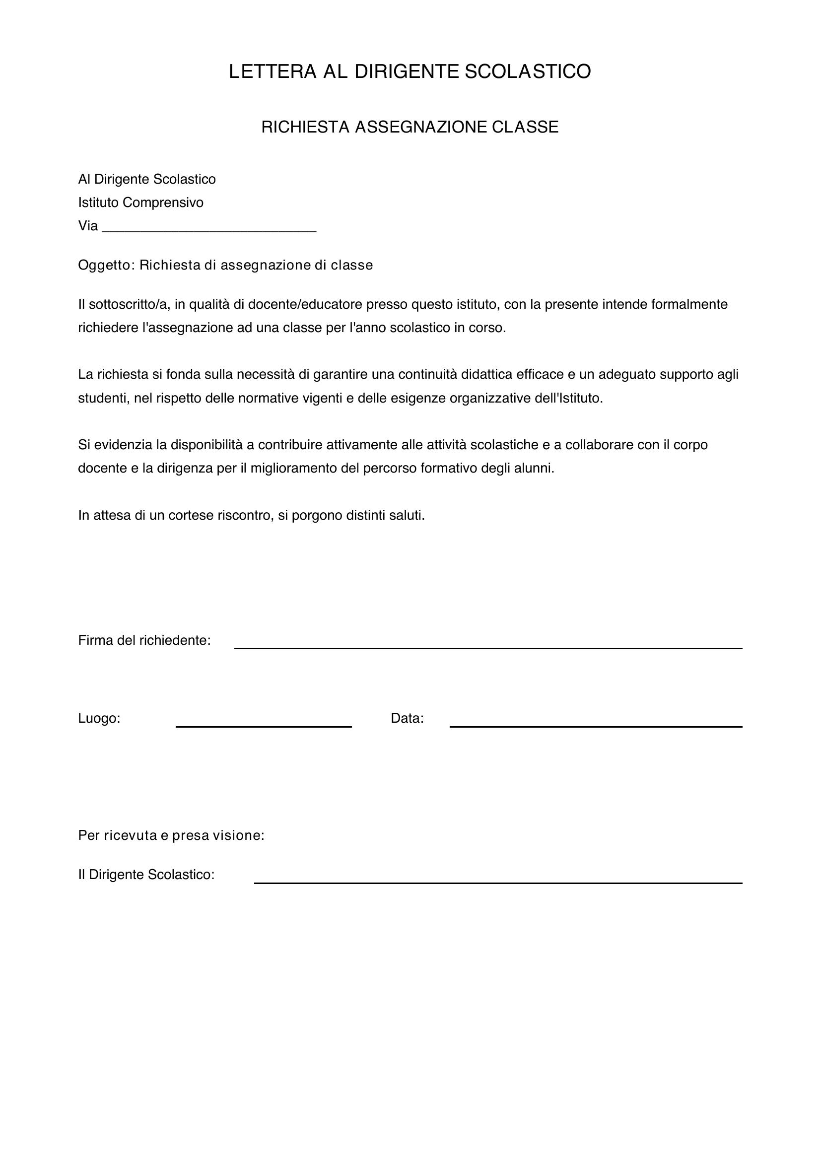 Lettera Al Dirigente Scolastico Per Richiesta Assegnazione Classe
