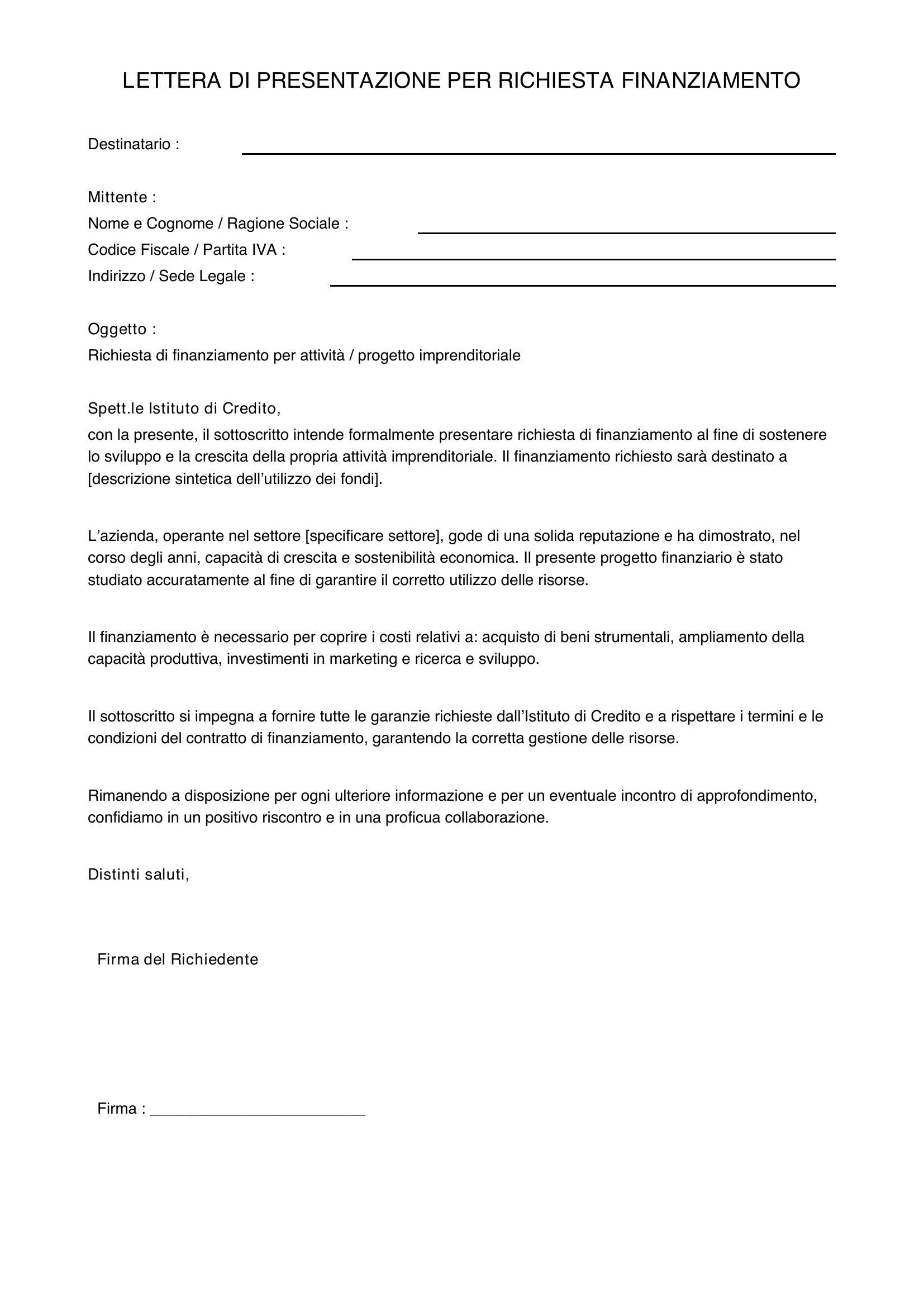 Lettera Di Presentazione Per Richiesta Finanziamento