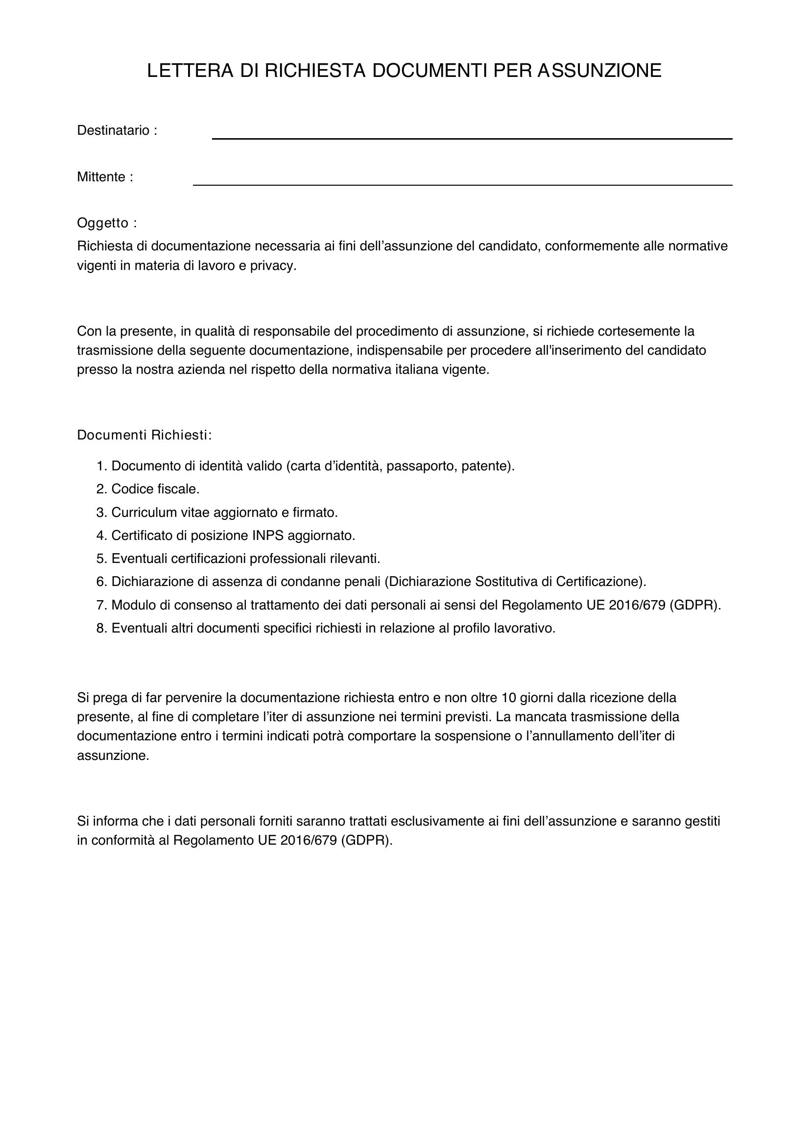 Lettera Richiesta Documenti Per Assunzione