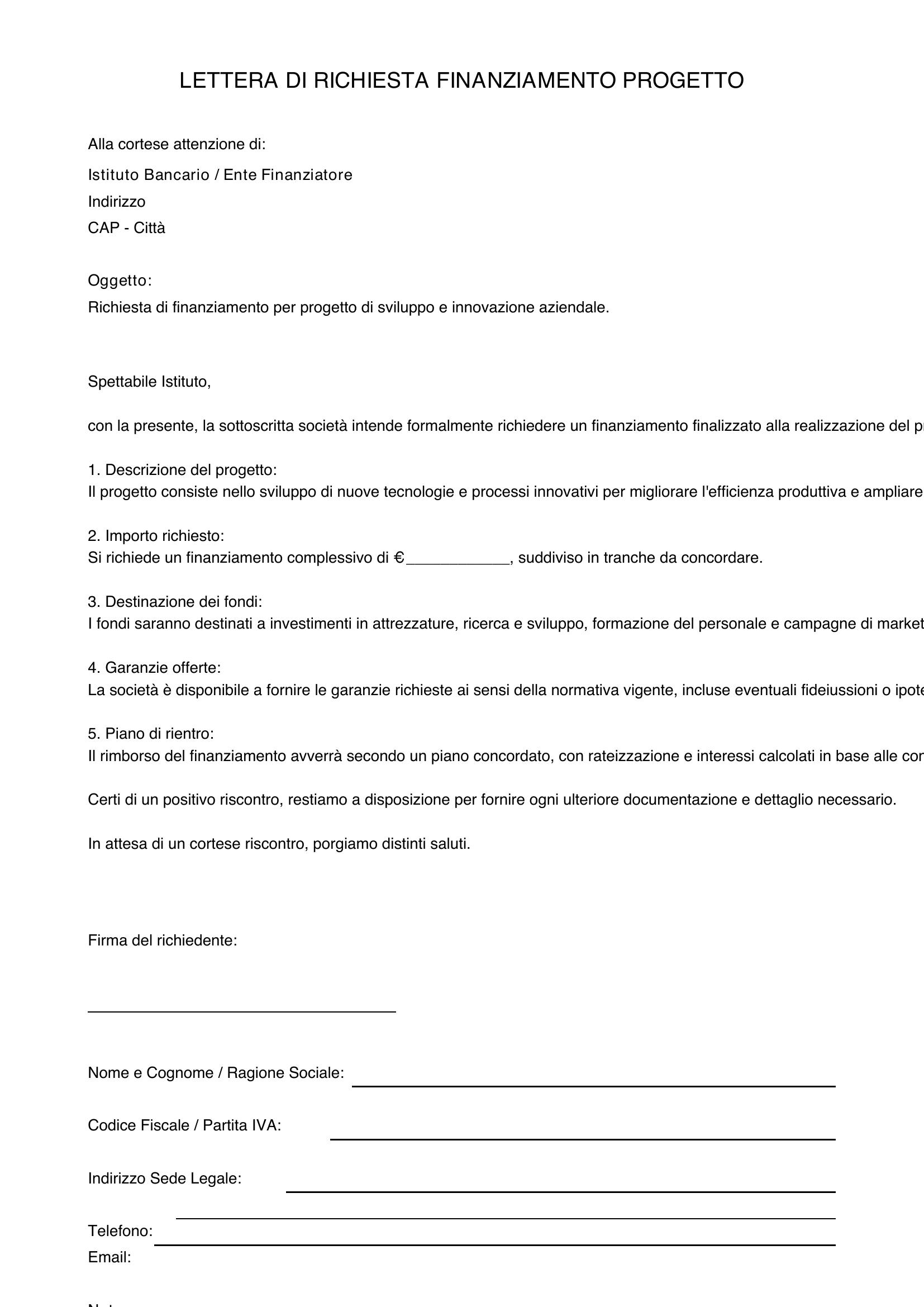 Lettera Richiesta Finanziamento Progetto