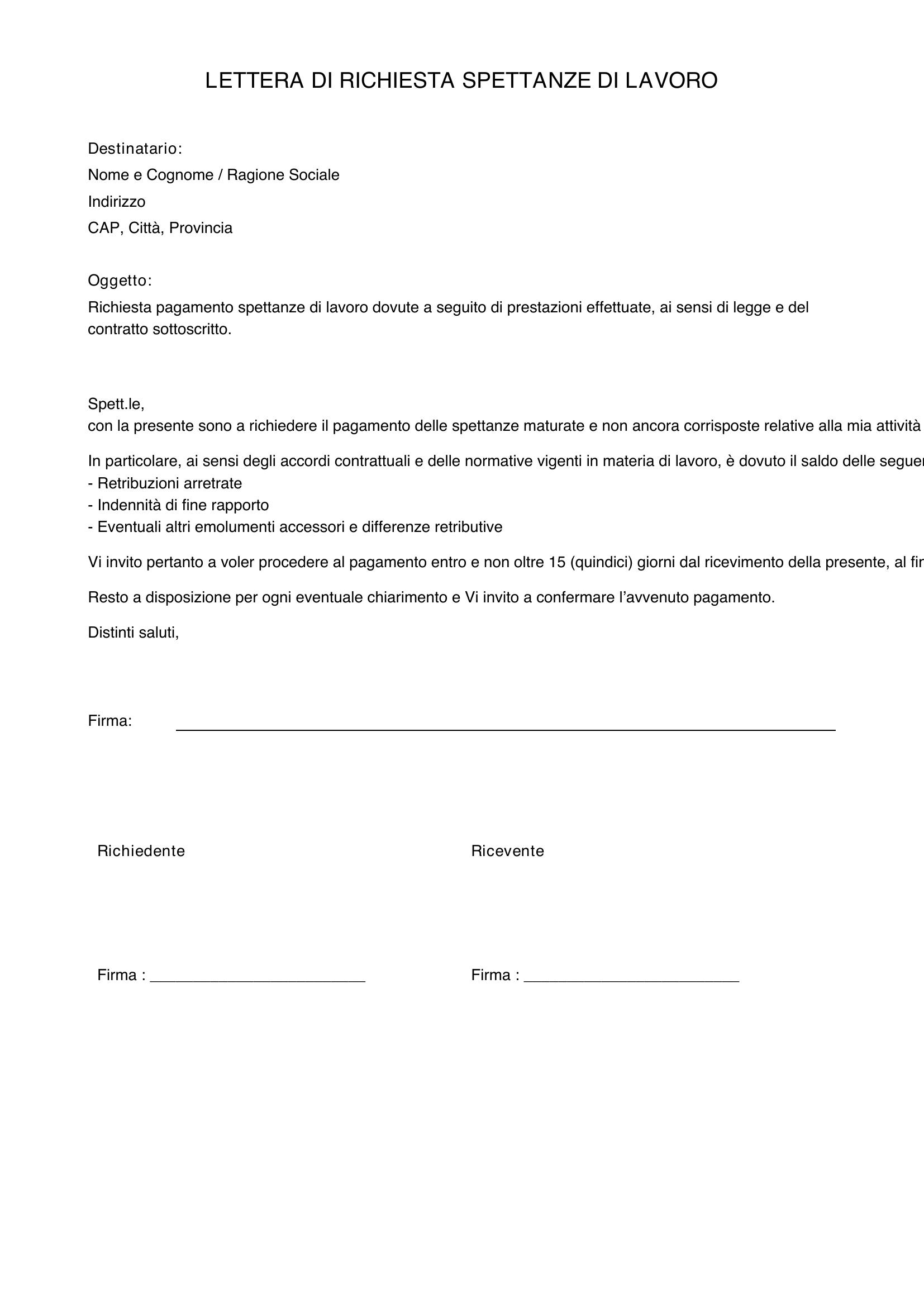 Lettera Richiesta Spettanze Di Lavoro