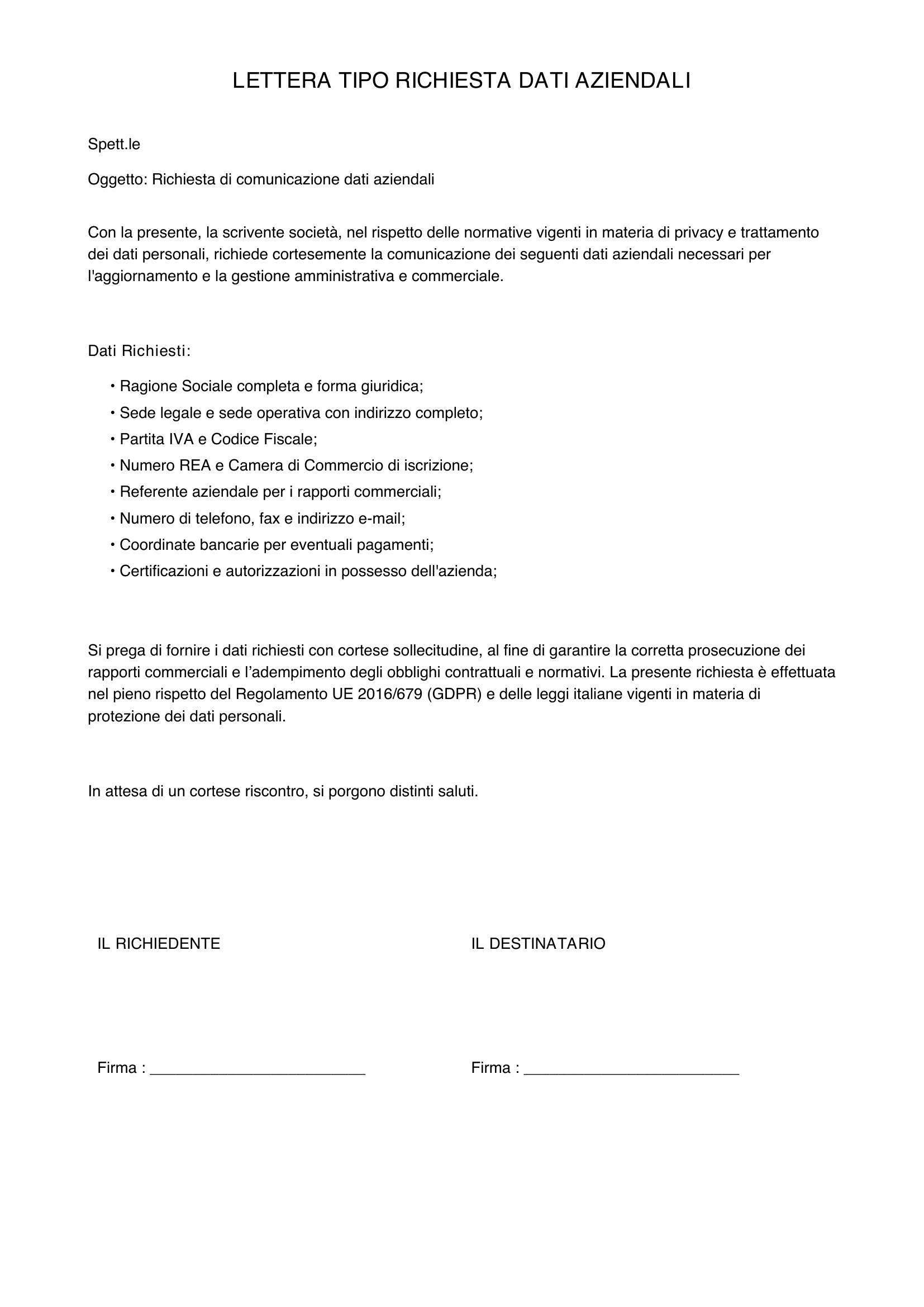 Lettera Tipo Richiesta Dati Aziendali