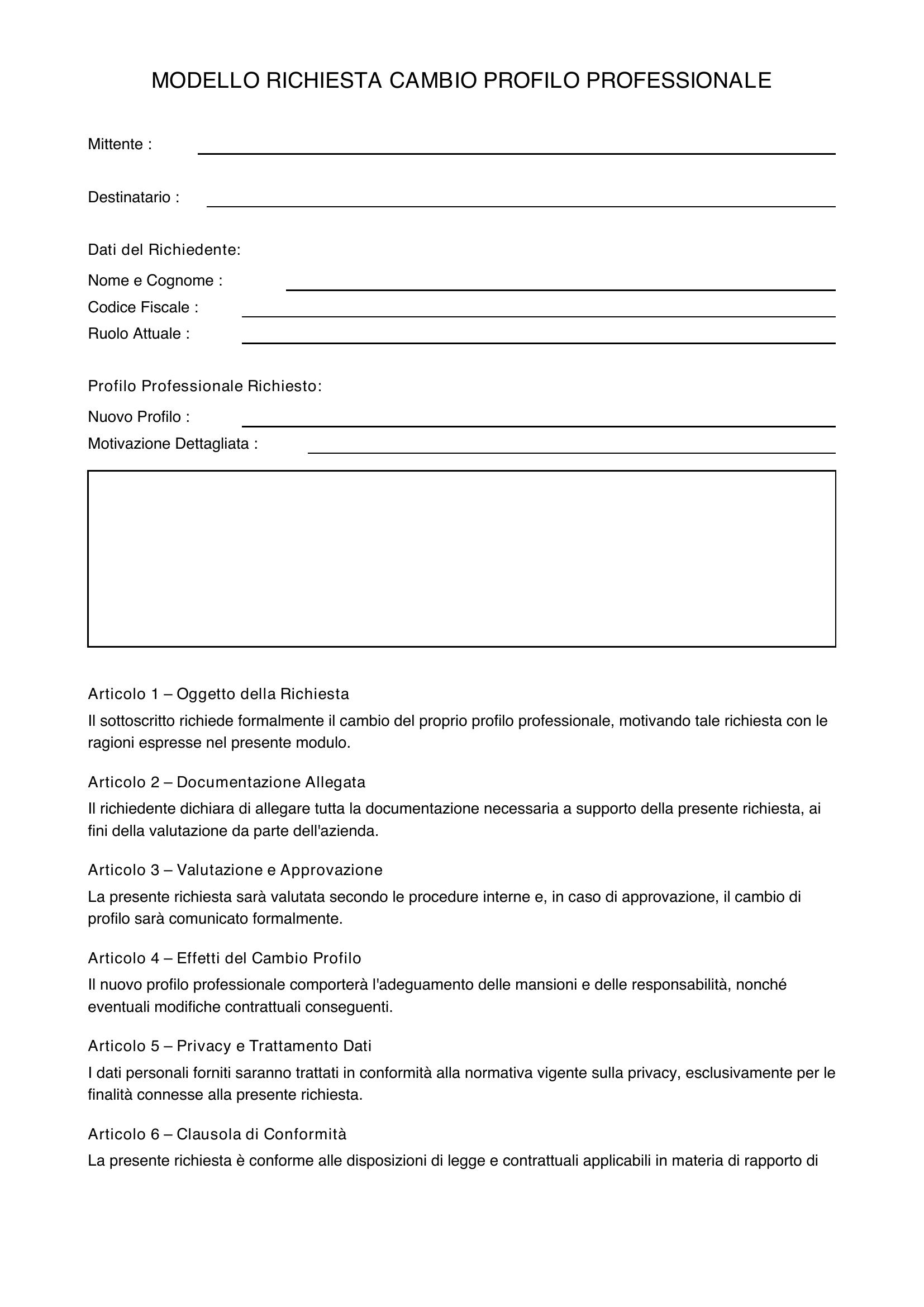 Modello Richiesta Cambio Profilo Professionale