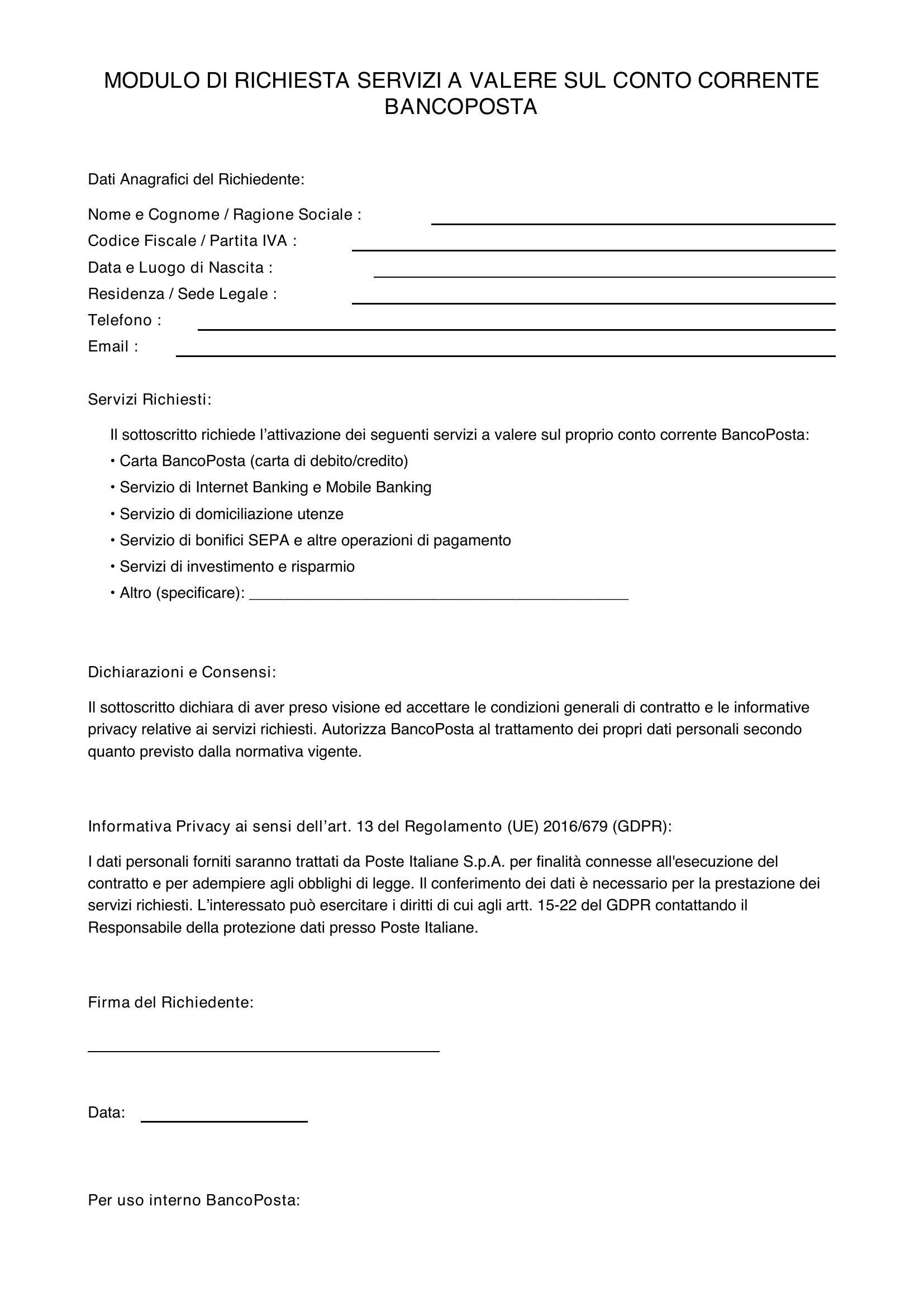 Modulo Di Richiesta Servizi A Valere Sul Conto Corrente Bancoposta