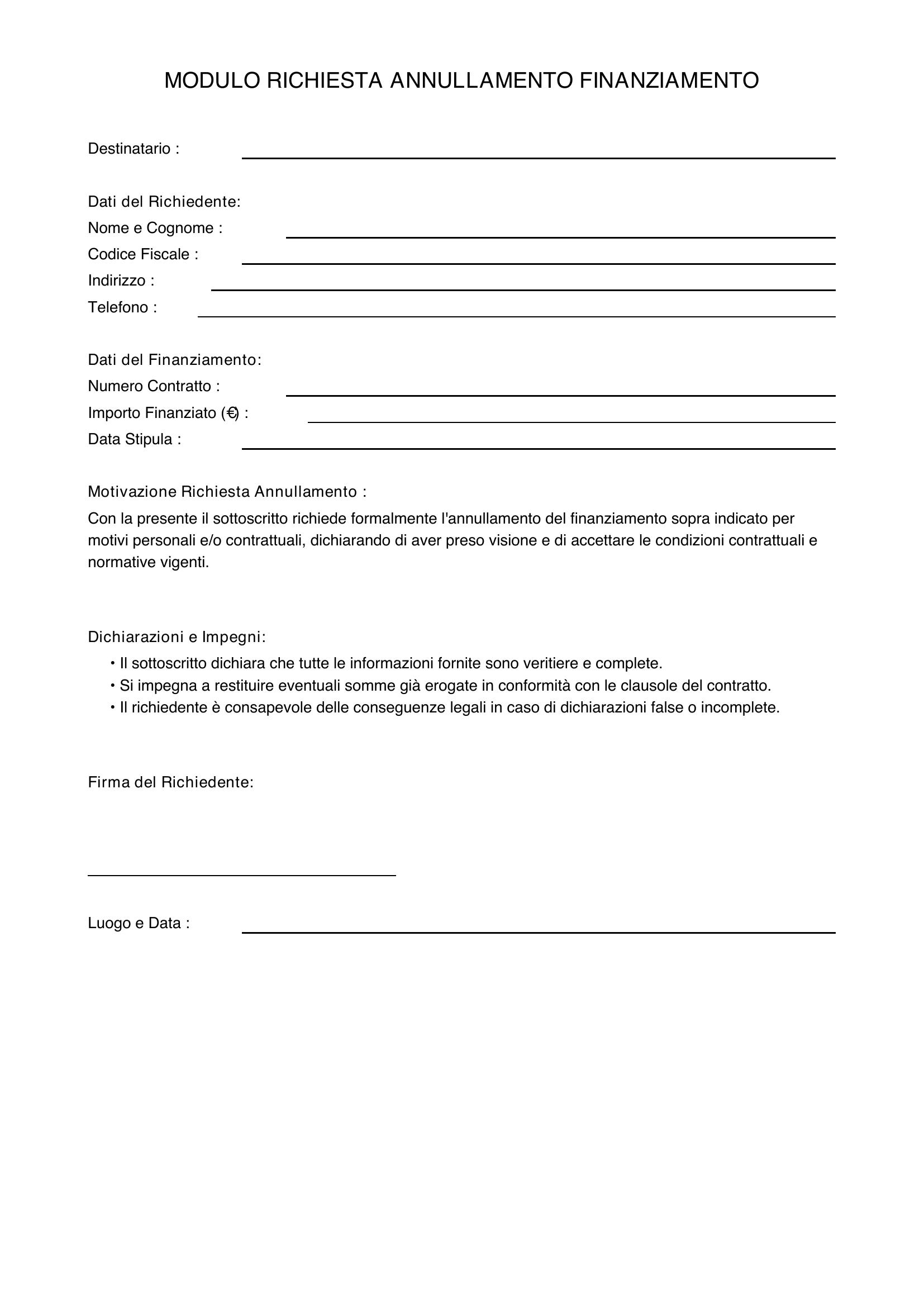 Modulo Richiesta Annullamento Finanziamento