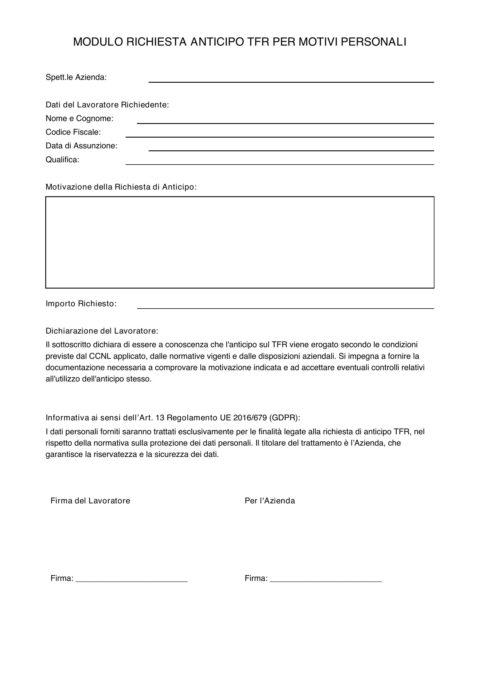 Modulo Richiesta Anticipo Tfr Per Motivi Personali