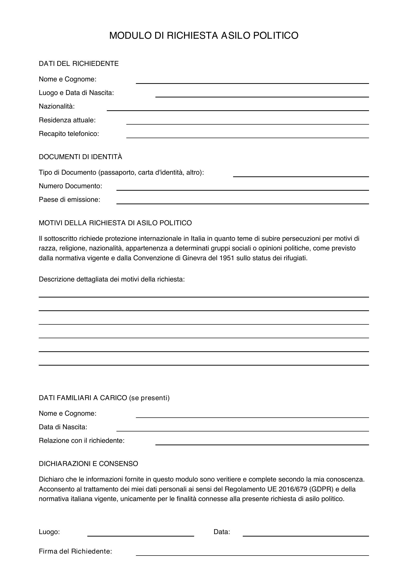 Modulo Richiesta Asilo Politico