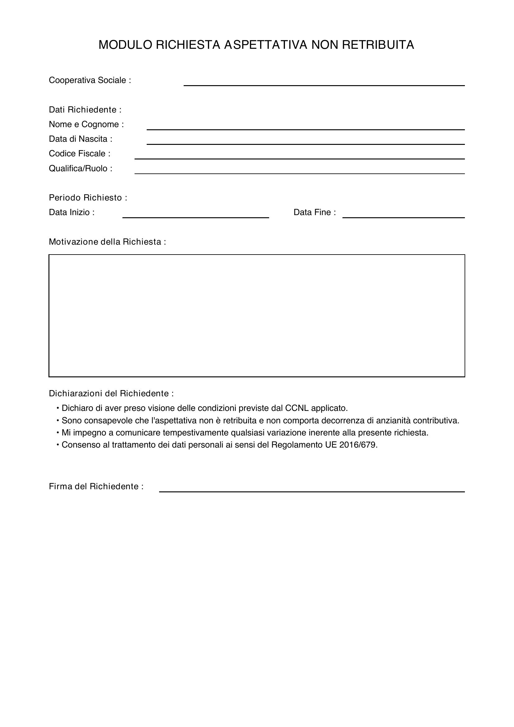 Modulo Richiesta Aspettativa Non Retribuita Cooperative Sociali