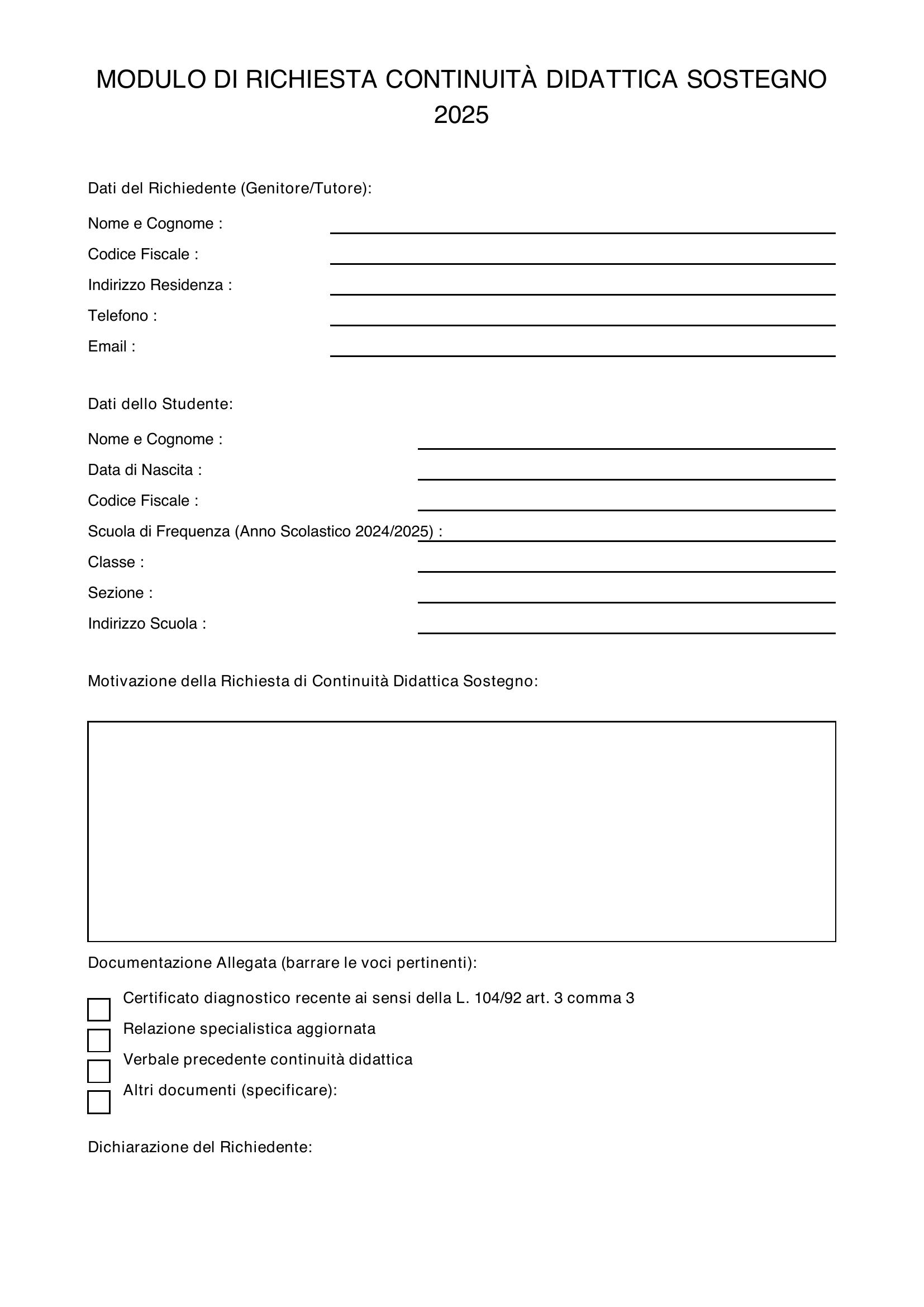 Modulo Richiesta Continuità Didattica Sostegno 2025
