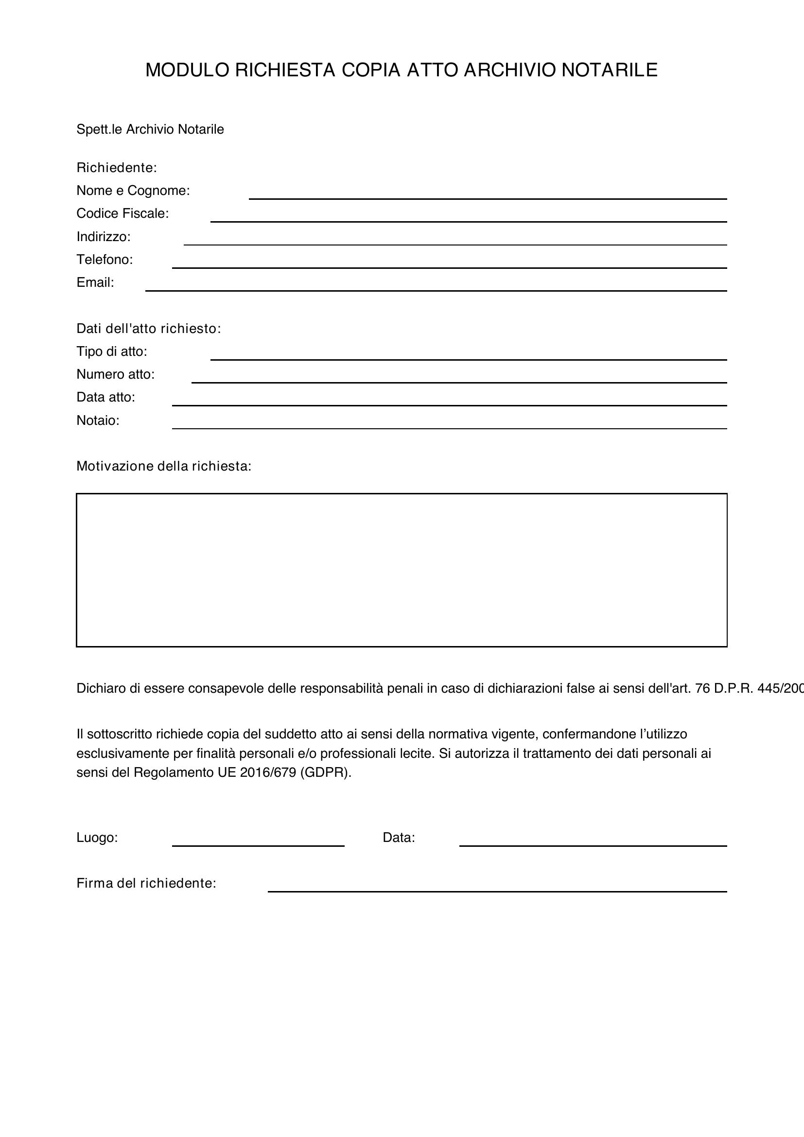 Modulo Richiesta Copia Atto Archivio Notarile
