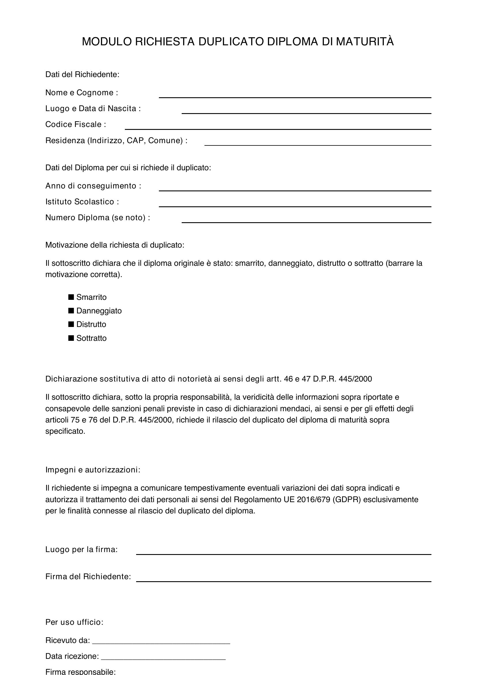 Modulo Richiesta Duplicato Diploma Maturità