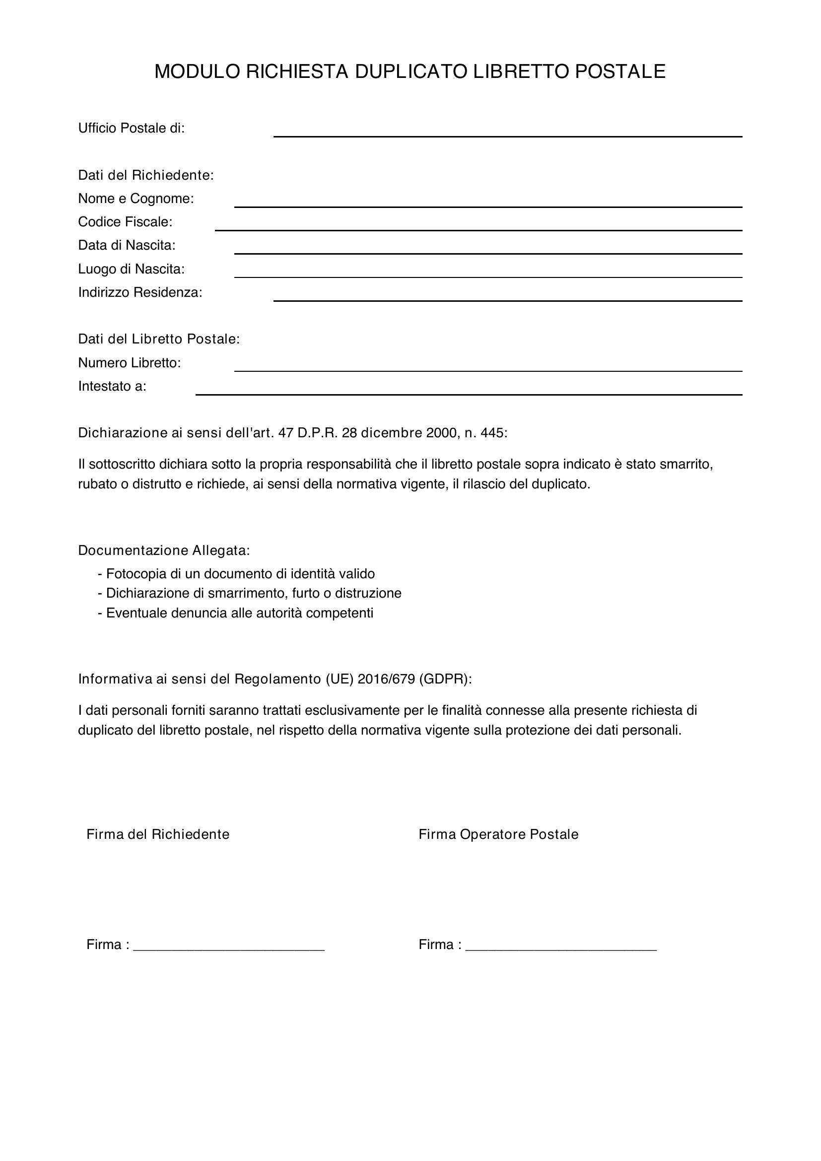 Modulo Richiesta Duplicato Libretto Postale