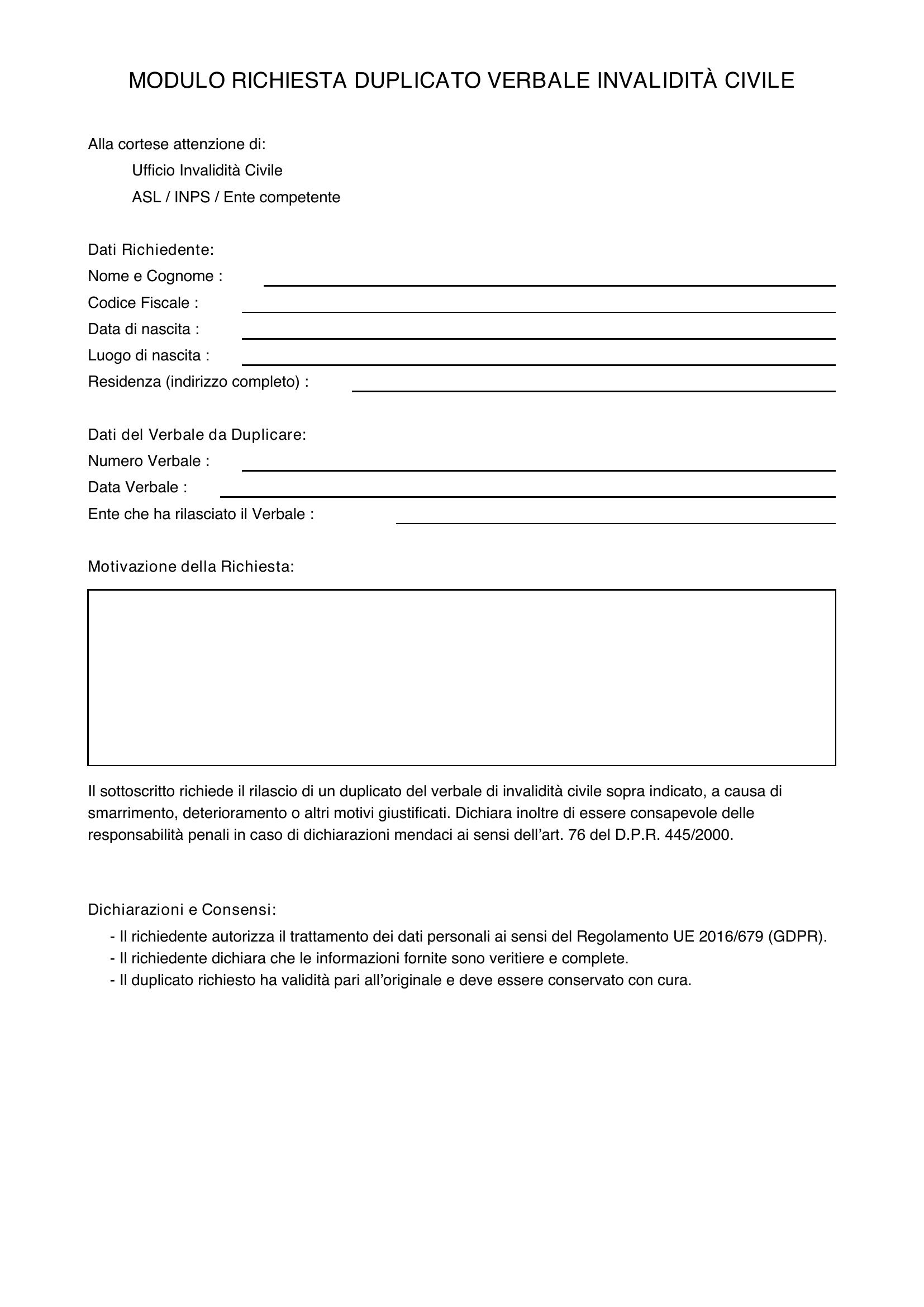 Modulo Richiesta Duplicato Verbale Invalidità Civile