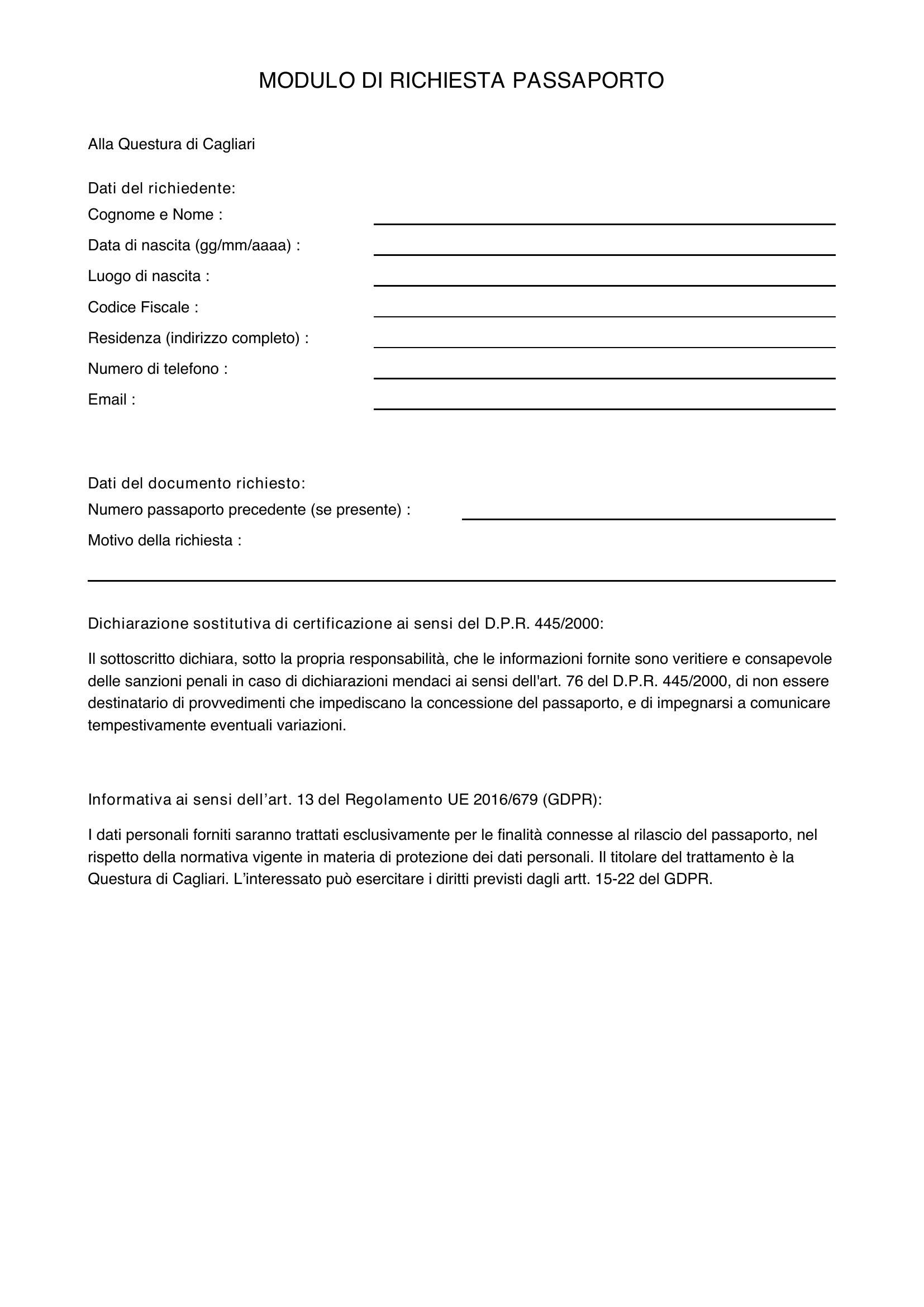 Modulo Richiesta Passaporto Questura Cagliari