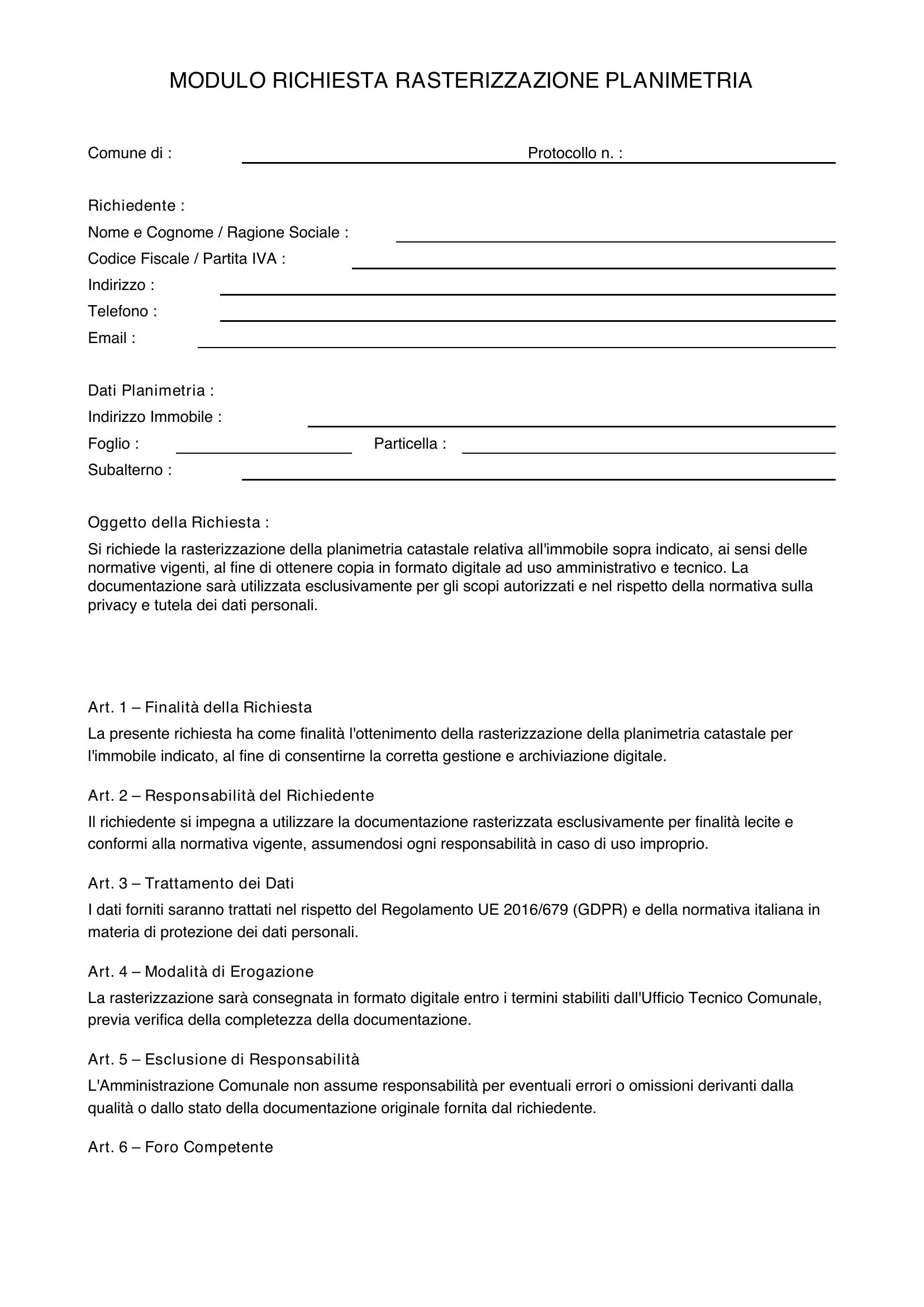 Modulo Richiesta Rasterizzazione Planimetria