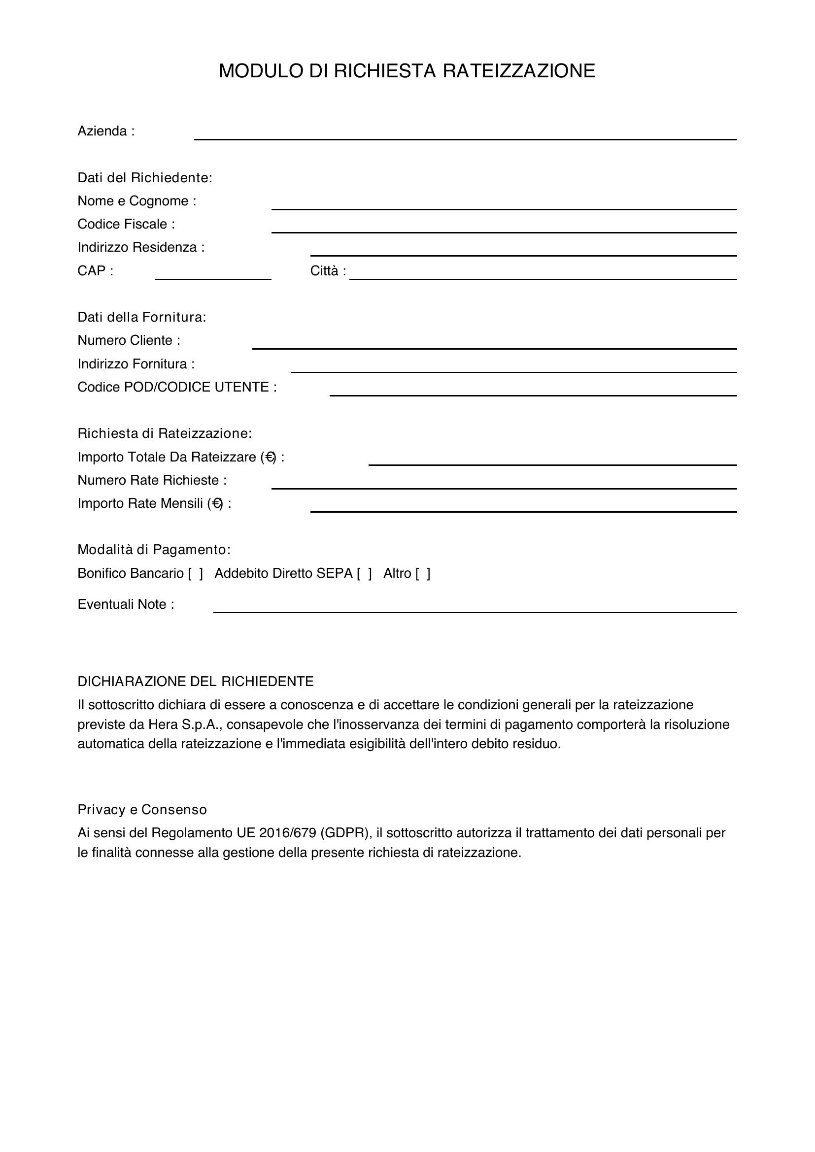 Modulo Richiesta Rateizzazione Hera