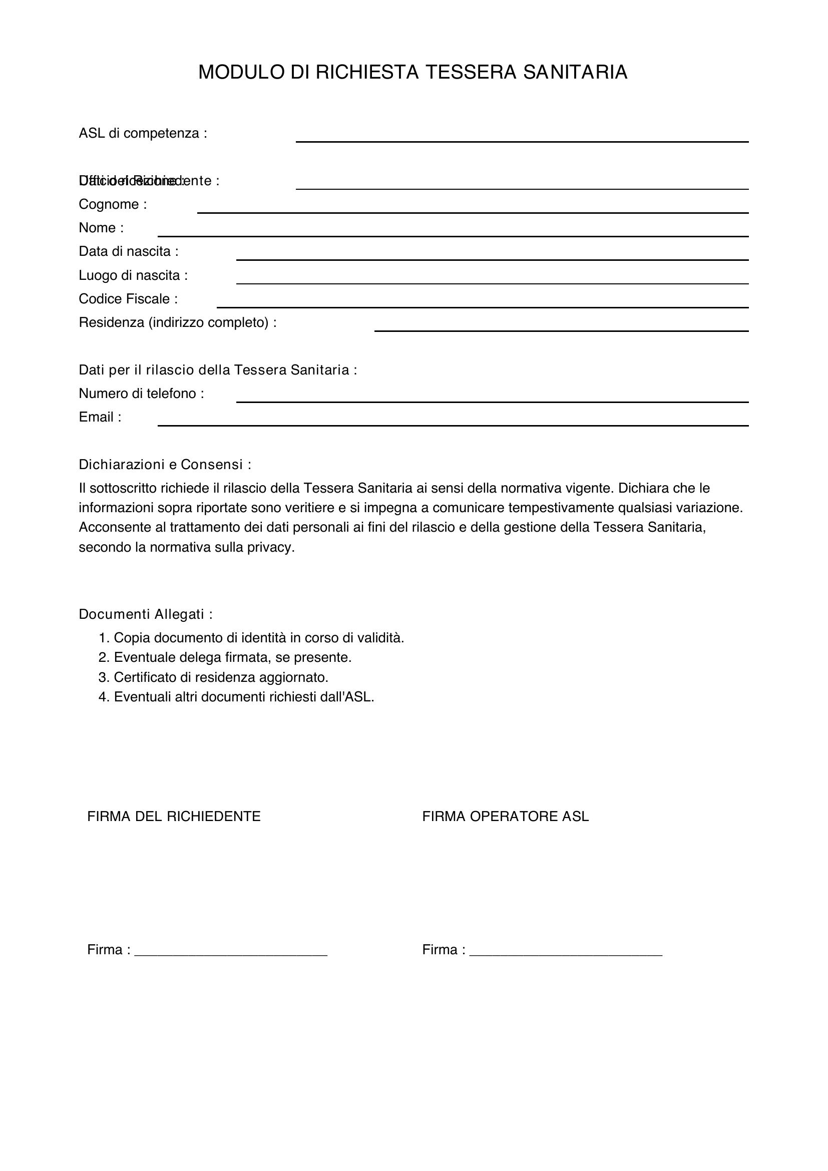 Modulo Richiesta Tessera Sanitaria Asl