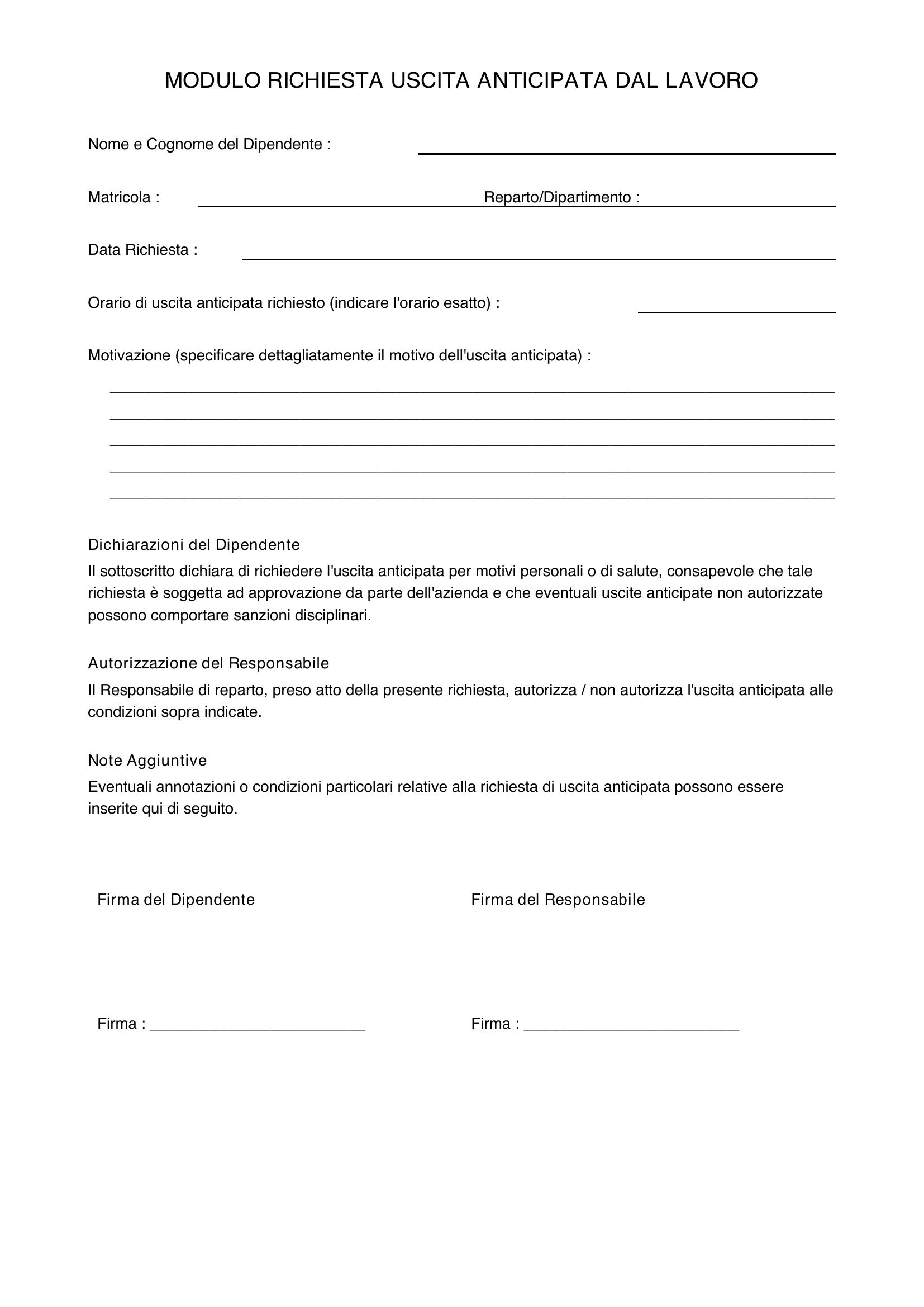 Modulo Richiesta Uscita Anticipata Dal Lavoro