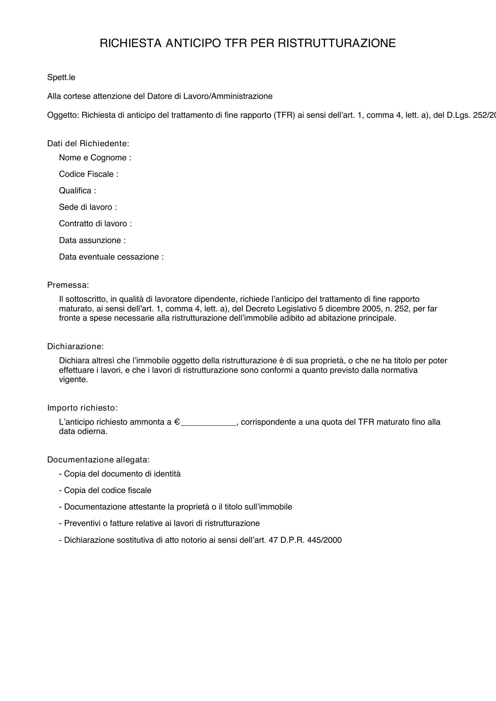 Richiesta Anticipo Tfr Per Ristrutturazione Fac Simile