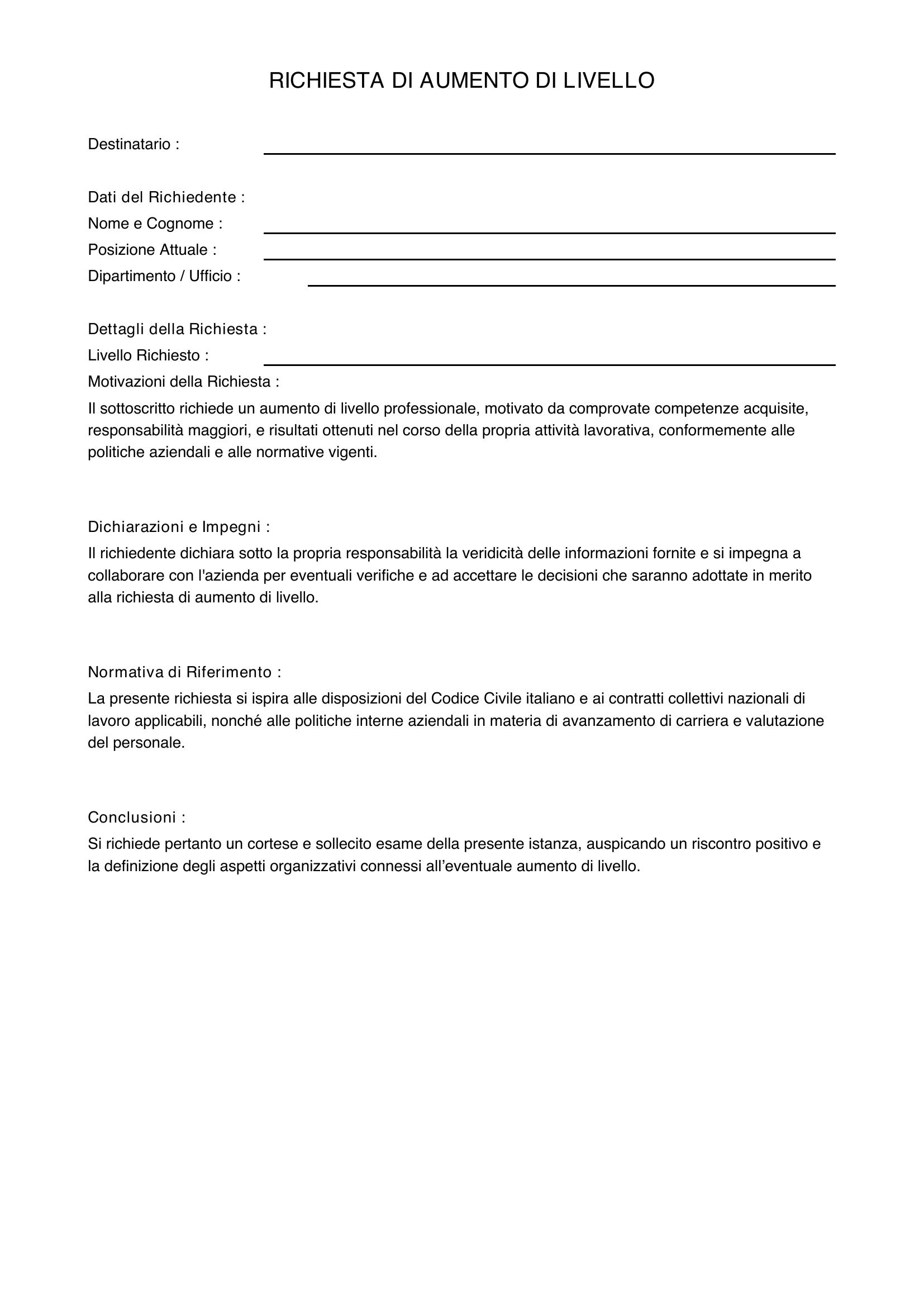Richiesta Aumento Di Livello Fac Simile