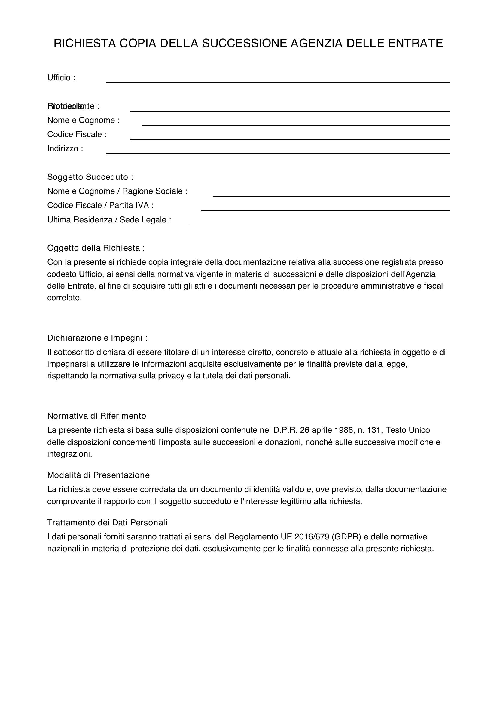 Richiesta Copia Successione Agenzia Entrate