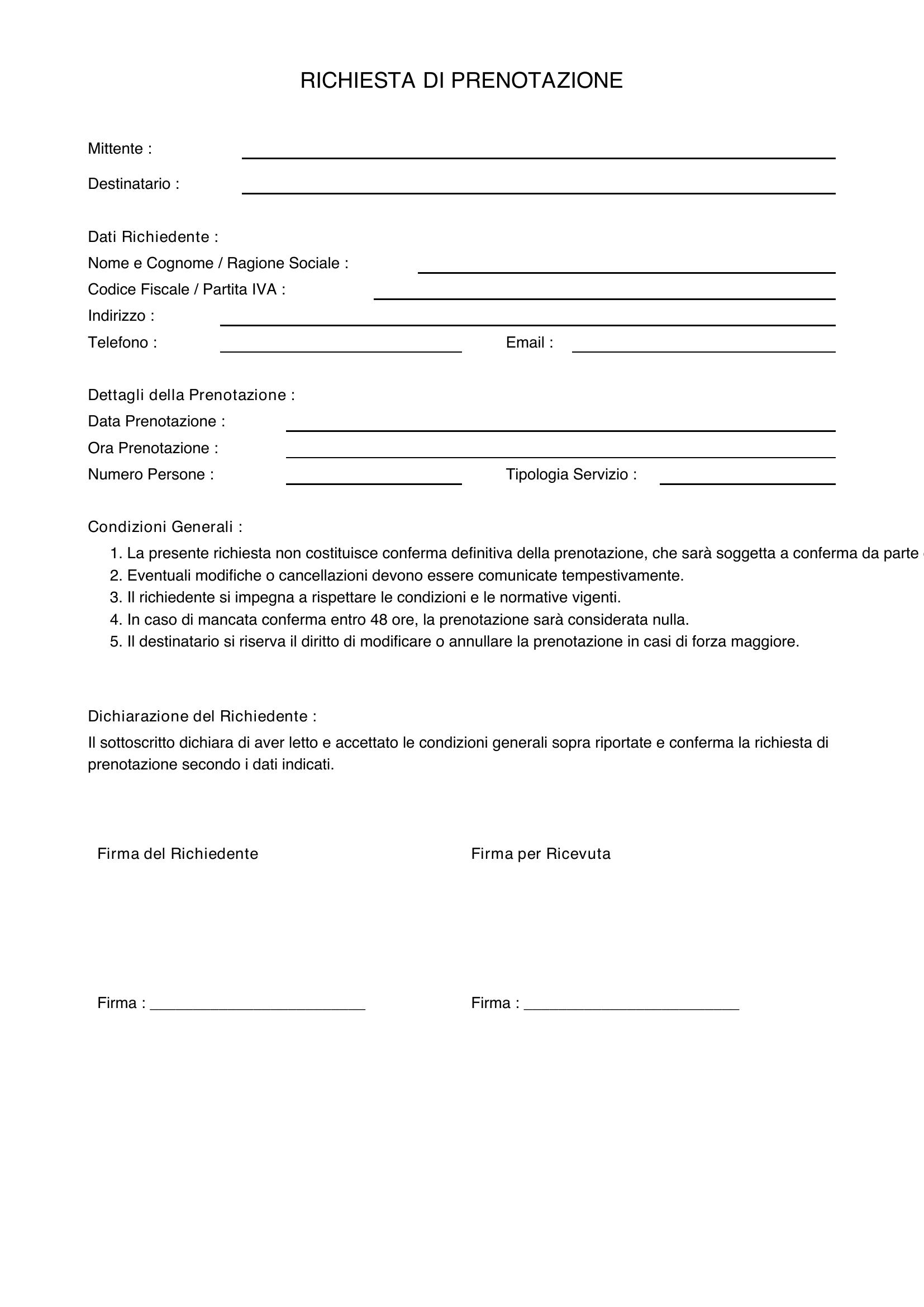 Richiesta Di Prenotazione Esempio