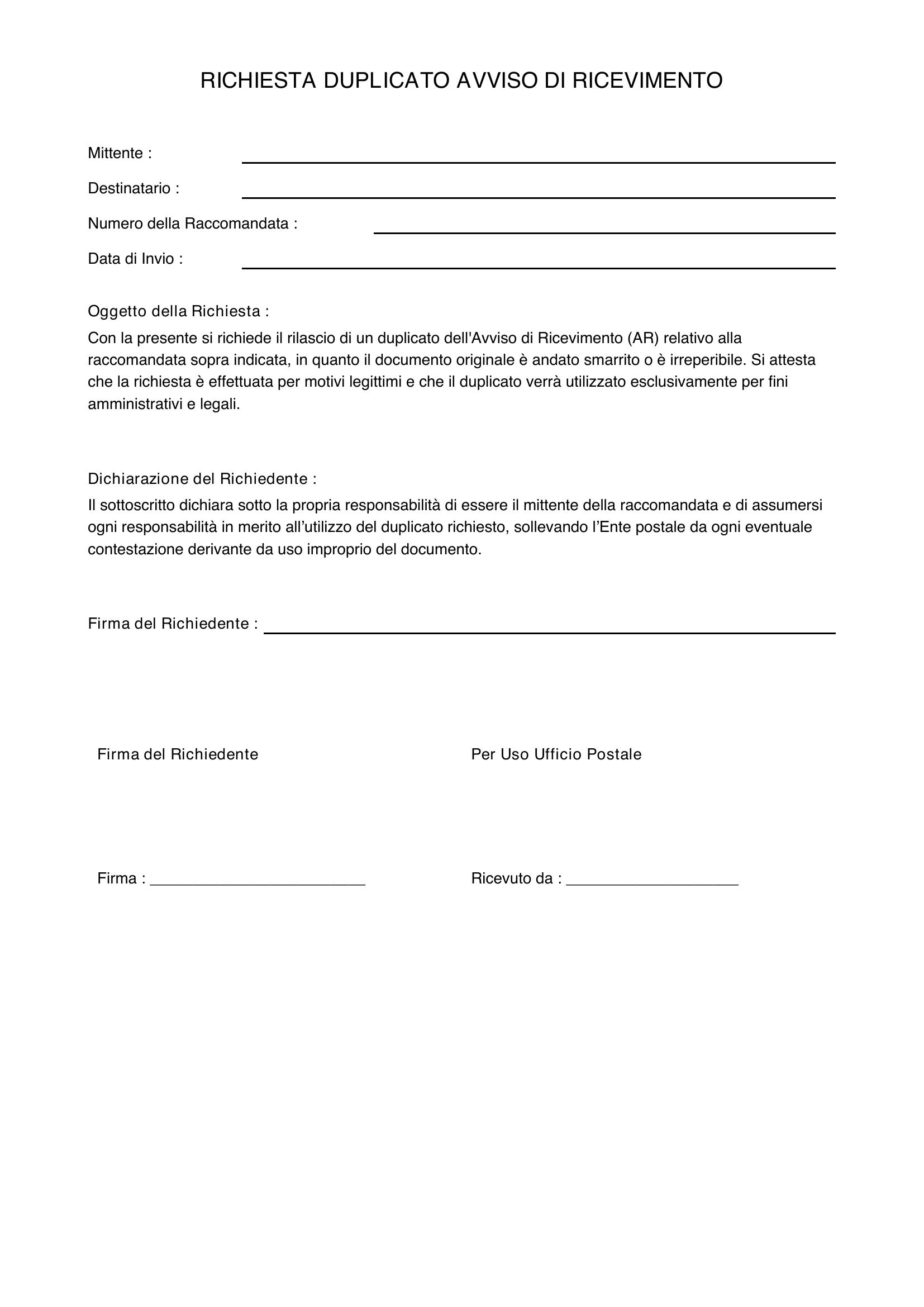 Richiesta Duplicato Avviso Di Ricevimento