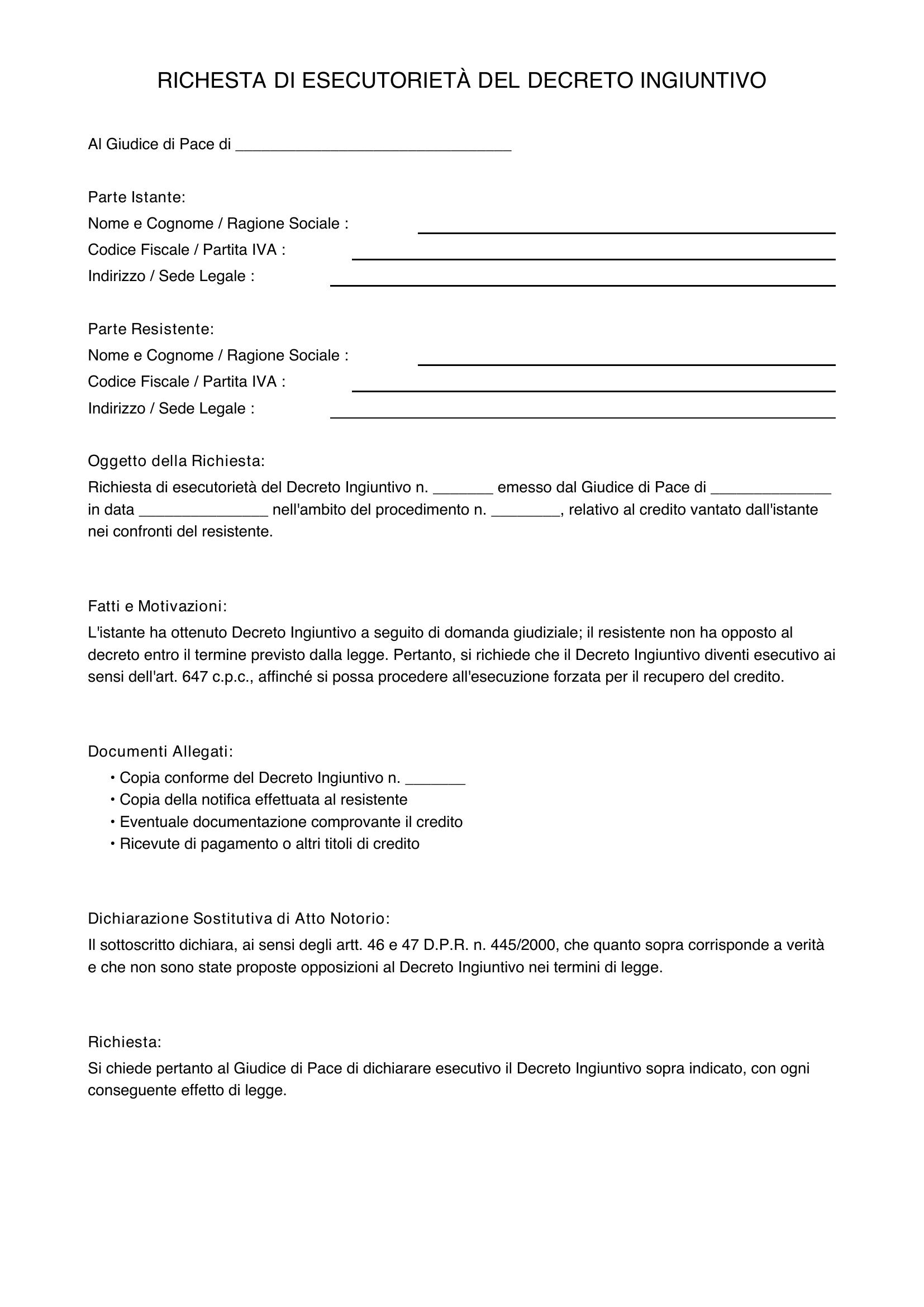 Richiesta Esecutorietà Decreto Ingiuntivo Giudice Di Pace Fac Simile