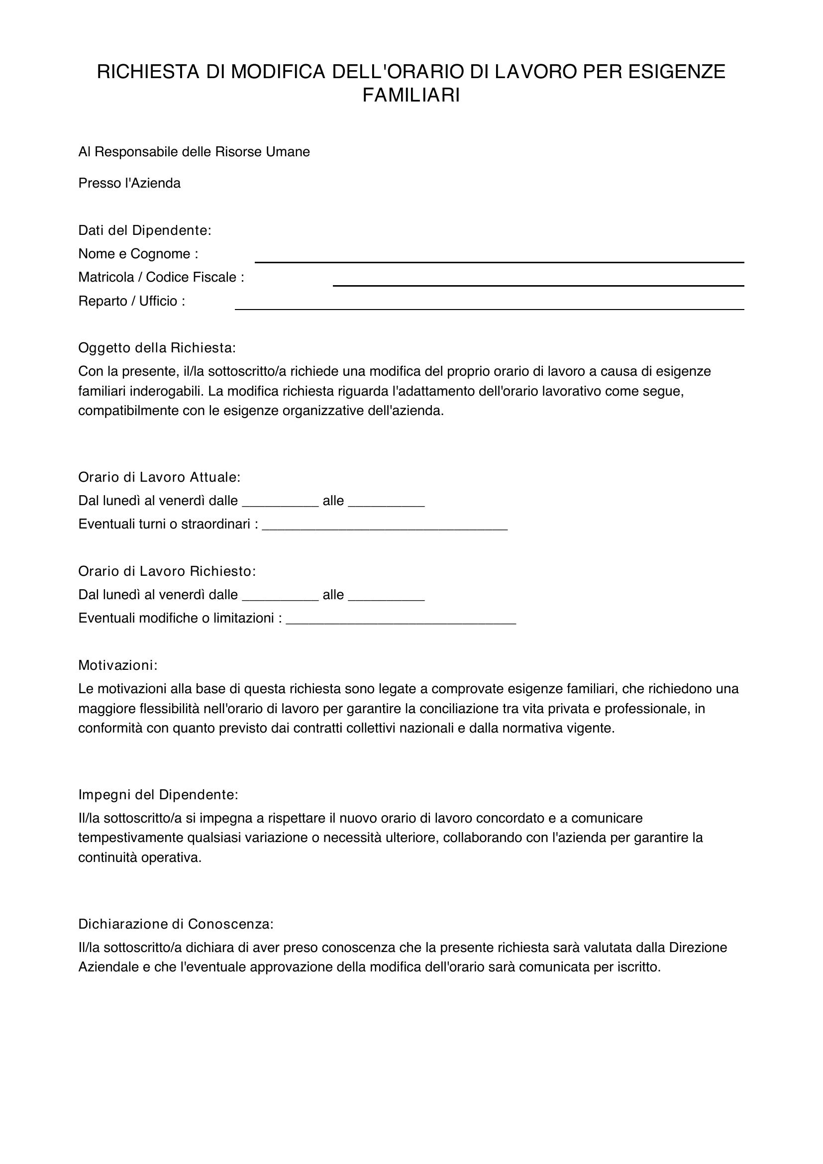 Richiesta Modifica Orario Di Lavoro Per Esigenze Familiari