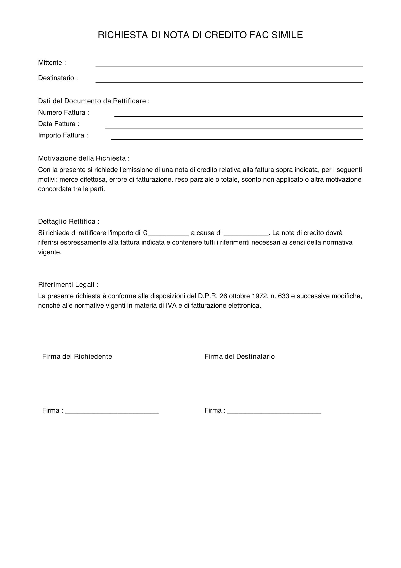 Richiesta Nota Di Credito Fac Simile