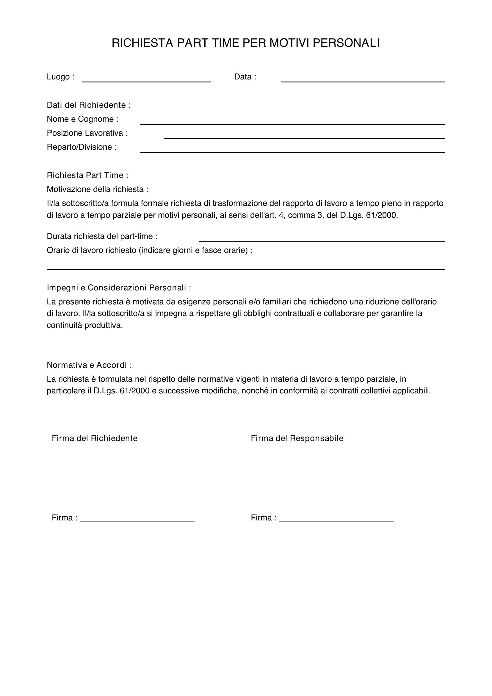 Richiesta Part Time Per Motivi Personali
