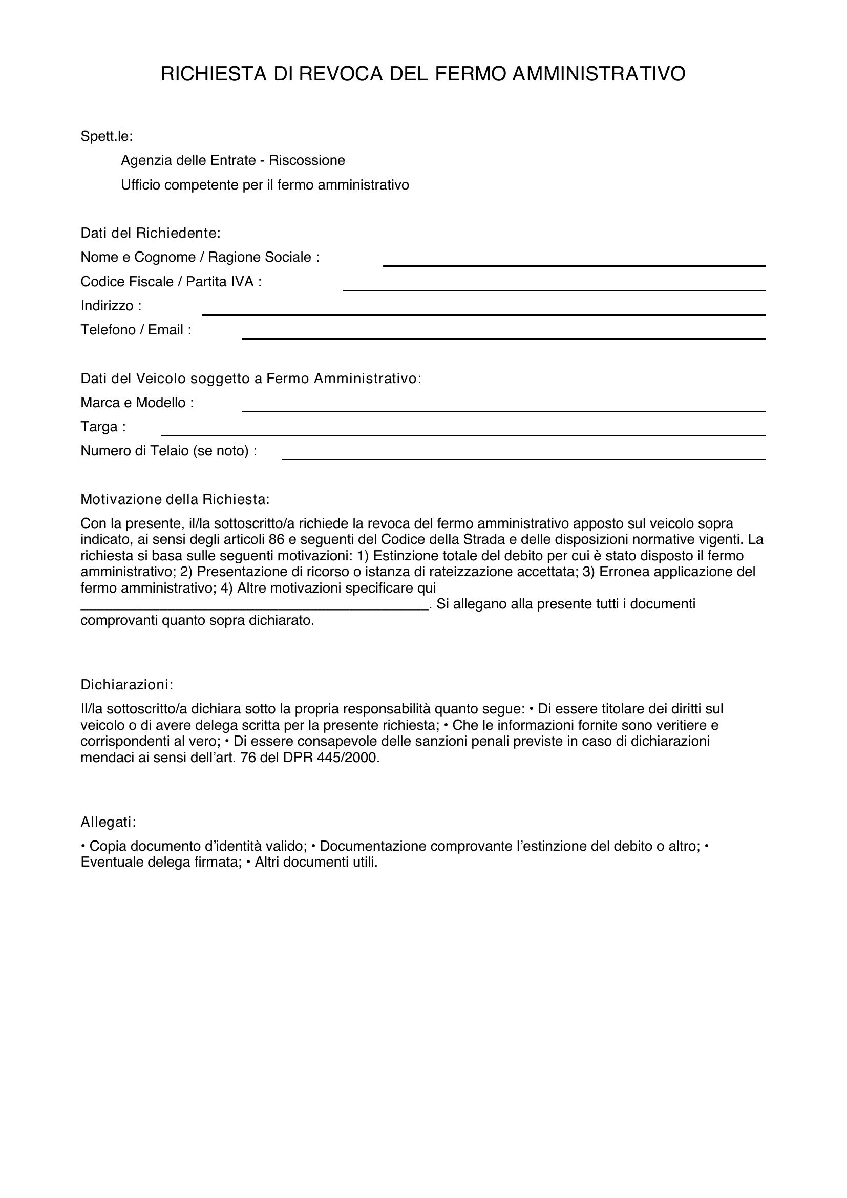 Richiesta Revoca Fermo Amministrativo Fac Simile