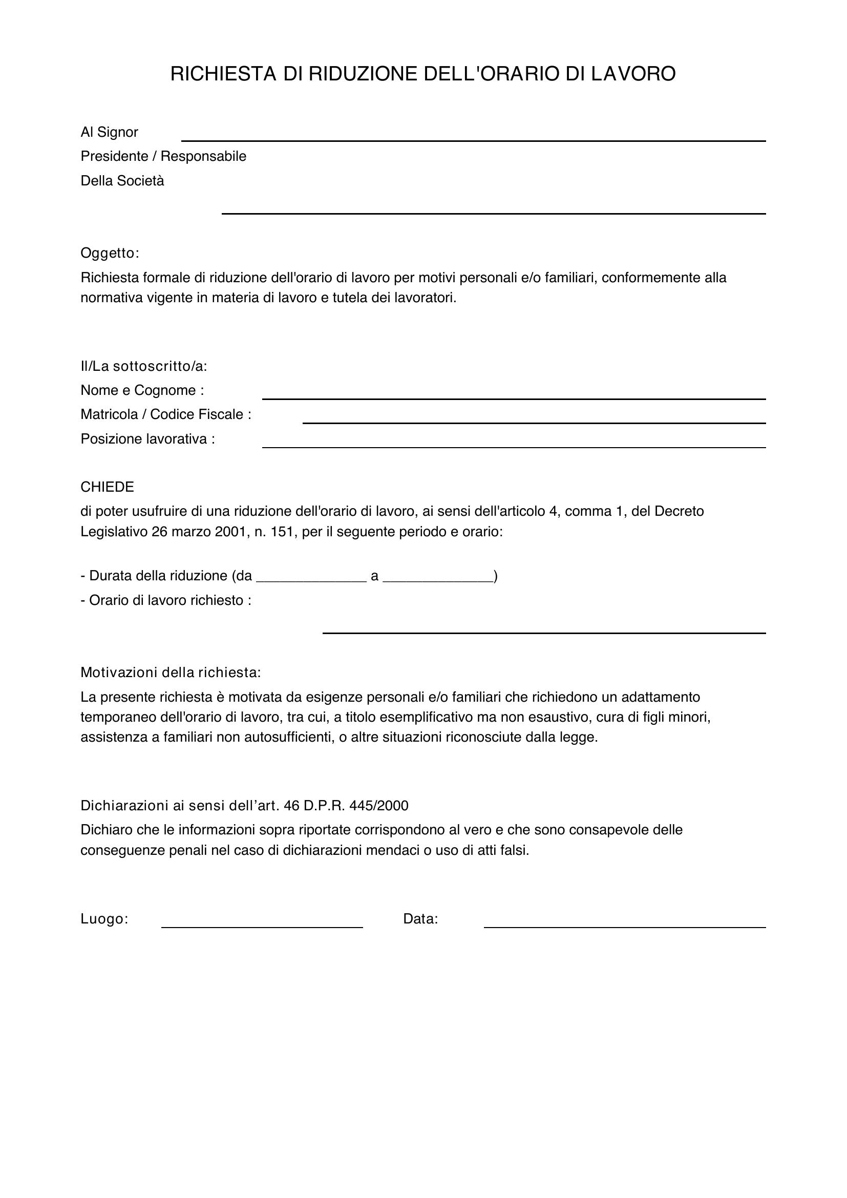 Richiesta Riduzione Orario Di Lavoro Fac Simile